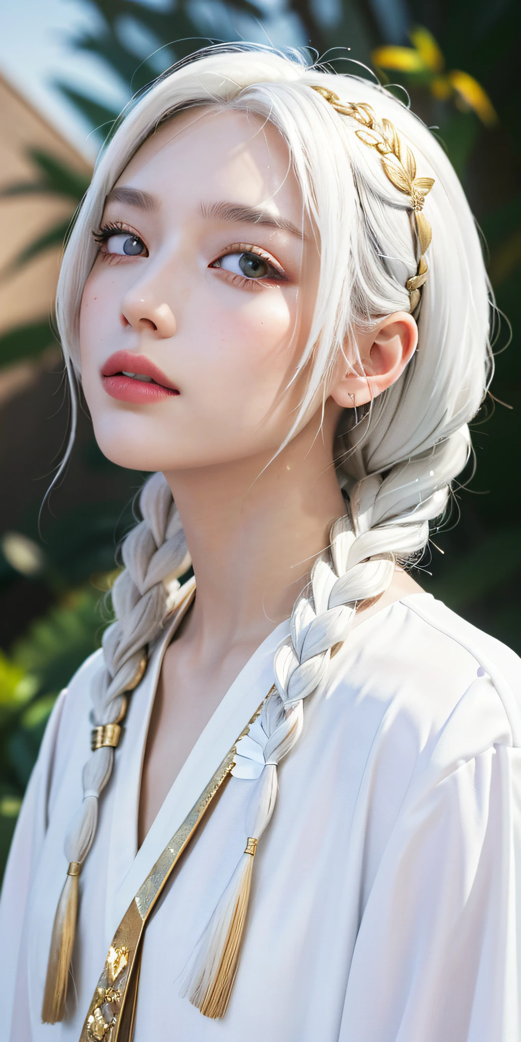 best quality, masterpiece,white hair, gold eyes,white clothes, looking up, upper body,hair strand,Fair skin,side braids