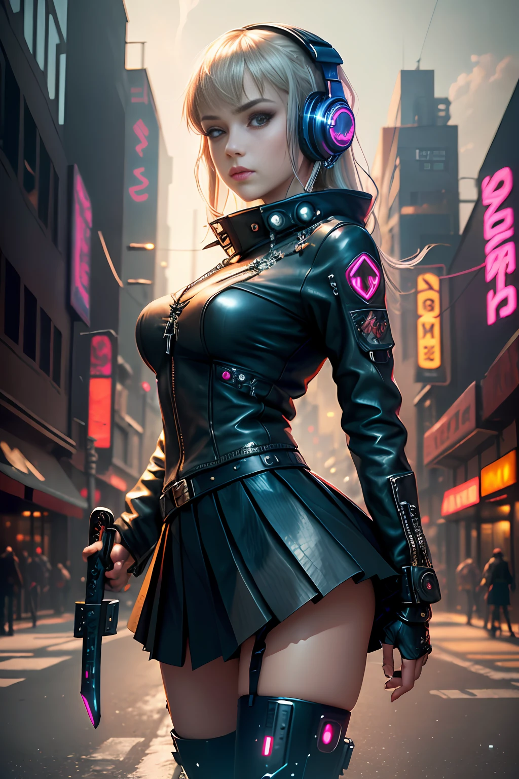 best quality, realistic, photorealistic, award-winning illustration, (intricate details:1.2), (delicate detailed), (intricate details), (cinematic light, best quality Backlights), clear line, sharp focus, official art, unity 8k wallpaper, absurdres, incredibly absurdres, huge filesize, ultra- (in_main_street:1.21), (neon lamp),fantasy art, rtx,((award winning studio closeup photo of a triangle)), 1girl,Incredibly beautiful,(closed mouth),small breasts,((Cyberpunk city Street, Battle Maiden,Katana, robot arm)),beautiful detailed eyes,Perfect Face,(Cyberpunk blouse, leather jacket, Martin boots),(headphones_around_neck),(headphones_around_hair),((pleated skirt)), ((Supermodel Pose)),