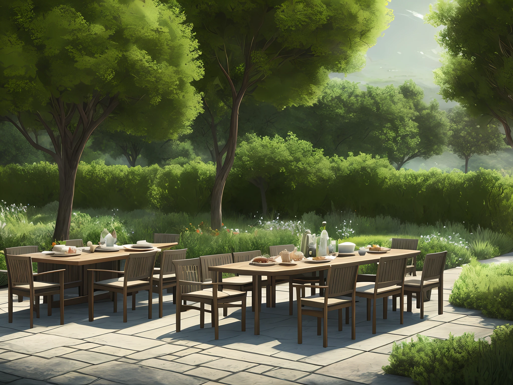 Family lunch outdoors in A quiet place, very pleasant, aesthetic, calm, landscaped. photorealistic, 8k uhd, studio quality, ultra realistic, maximum detail, massive scale, post-processing, realistic, photorealism, photoshop, photography, detailed, cinematic lighting, landscape, panoramic, landscape, raytracing, cinema4d