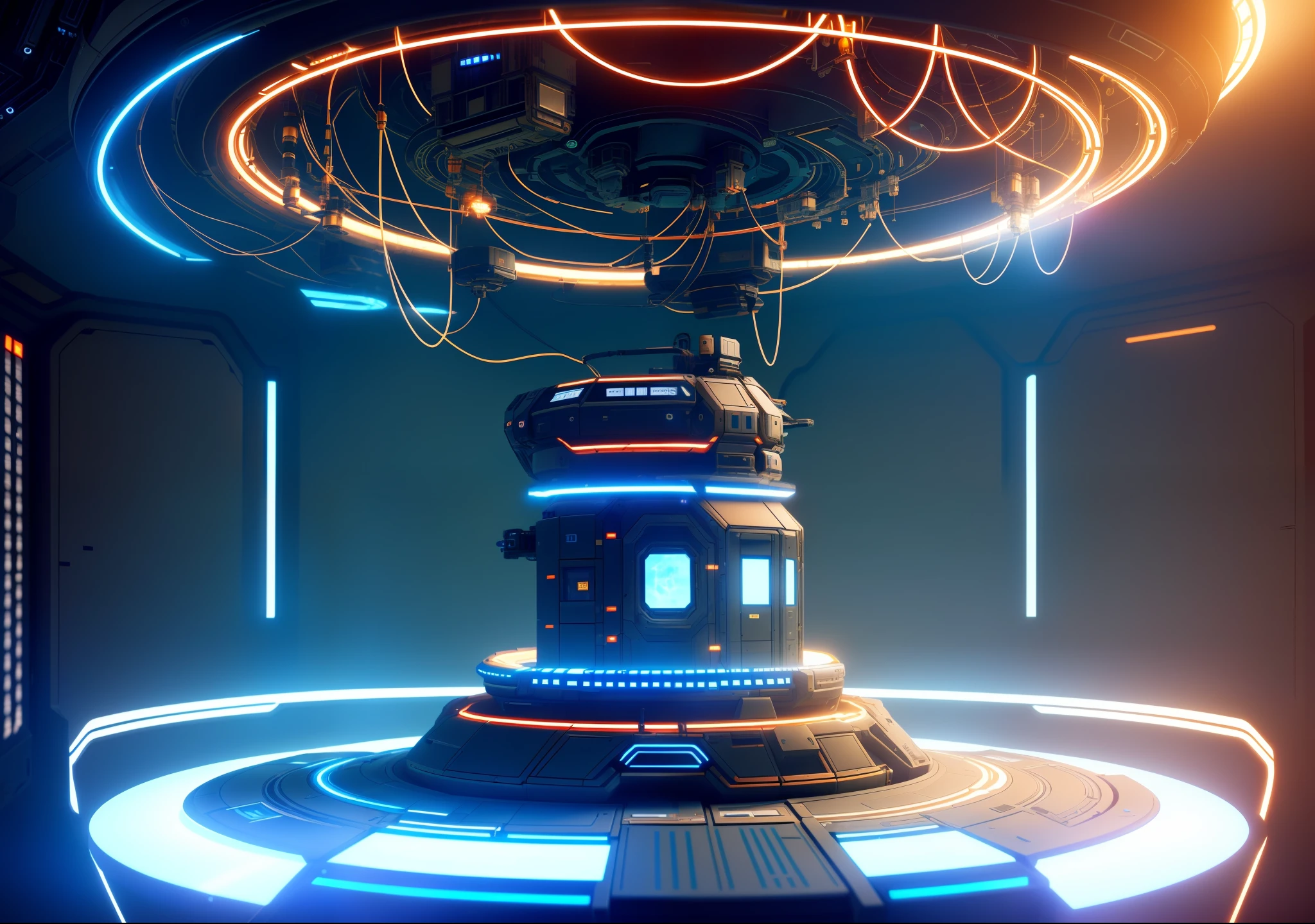 there is a large machine that is sitting in a room, intricate machine in space, leds horizon zero dawn machine, futuristic scientific laboratory, futuristic laboratory, in futuristic laboratory room, futuristic production facility, futuristic chemistry lab, scifi machine, horizon zero dawn machine, sci fi engine room living room, futuristic space station, octane render sci - fi, 3 d product render