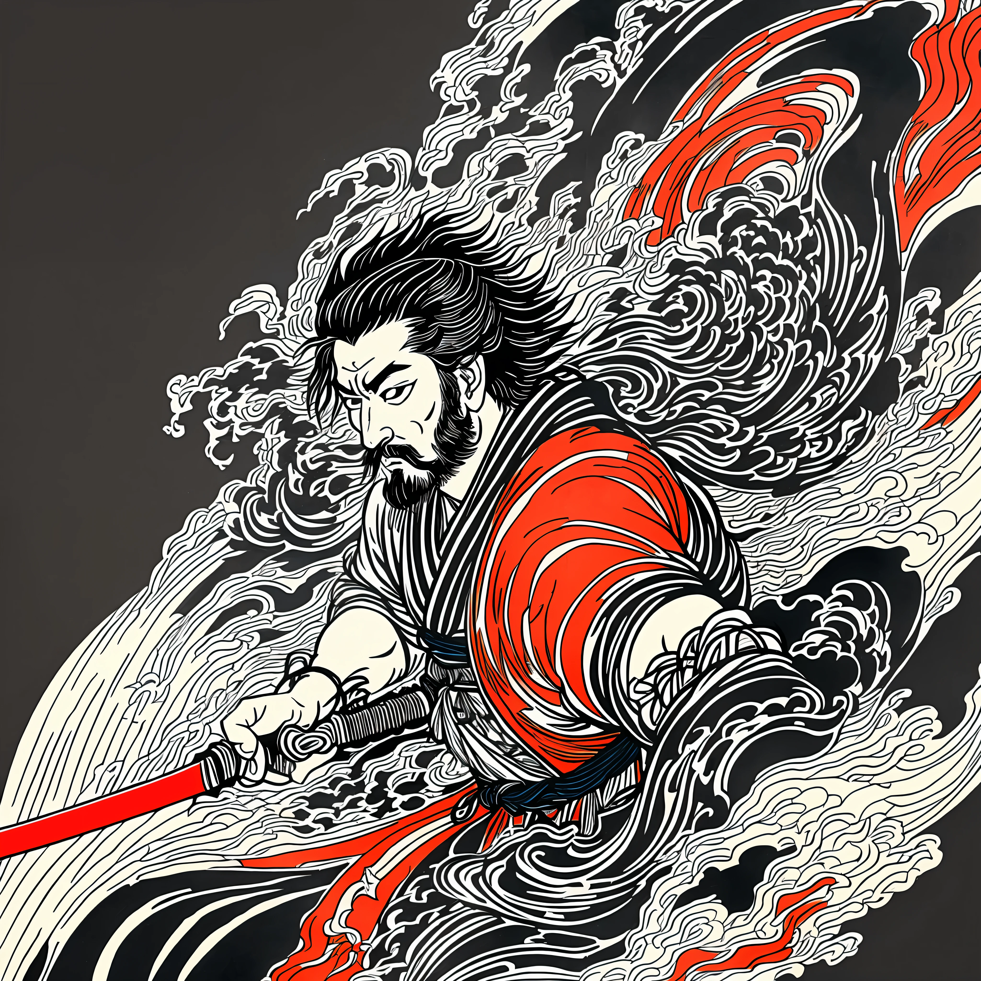 It is a Katsushika Hokusai-style line drawing with natural colors. The swordsman Miyamoto Musashi is a Japan samurai with a large strong physique like a strong man. His face is very dignified. He also has short black hair and a short, trimmed beard. His upper body is covered in a black kimono and his hakama is knee-long. In his right hand he holds a Japan sword with a longer sword part. High quality, masterpiece high resolution ukiyo-e style. Red flames swirling in the dark night. Miyamoto Musashi faces the front and swings his sword down forcefully.