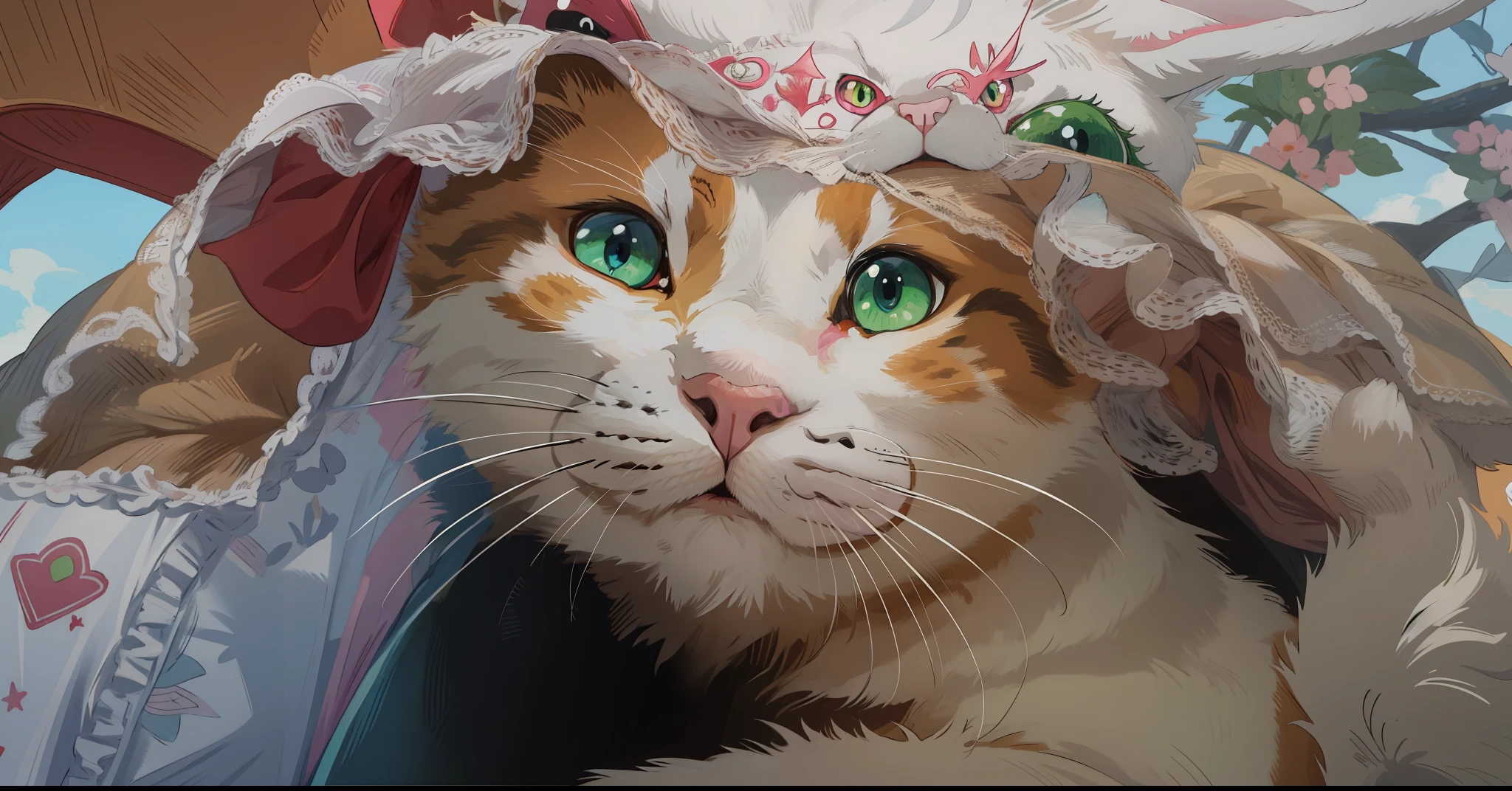 (Super high quality, masterpiece) 1cat, anime cat, white cat, cute cat, pinkish nose, whiskers, green eyes, detailed eyes, highly detailed