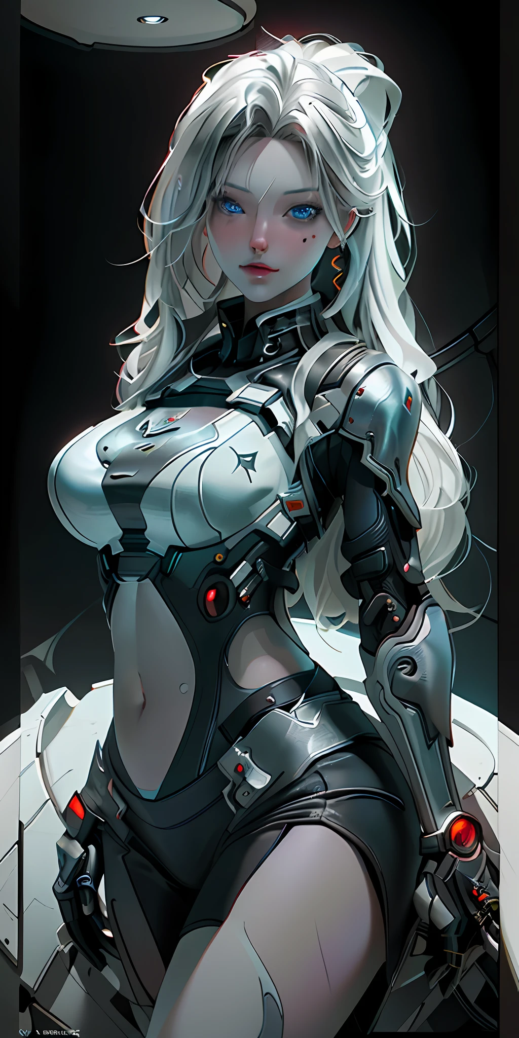 ((Best quality)), ((masterpiece)), (detailed:1.4), 3D, an image of a beautiful cyberpunk female,HDR (High Dynamic Range),Ray Tracing,NVIDIA RTX,Super-Resolution,Unreal 5,Subsurface scattering,PBR Texturing,Post-processing,Anisotropic Filtering,Depth-of-field,Maximum clarity and sharpness,Multi-layered textures,Albedo and Specular maps,Surface shading,Accurate simulation of light-material interaction,Perfect proportions,Octane Render,Two-tone lighting,Wide aperture,Low ISO,White balance,Rule of thirds,8K RAW, (silver hair, blue eyes, (midriff, belly exposed, huge breasts), thick thighs, narrow waist, beautiful face, (perfect face), sexy, dinamic pose, erotic, silver and black clothes whit red leds)