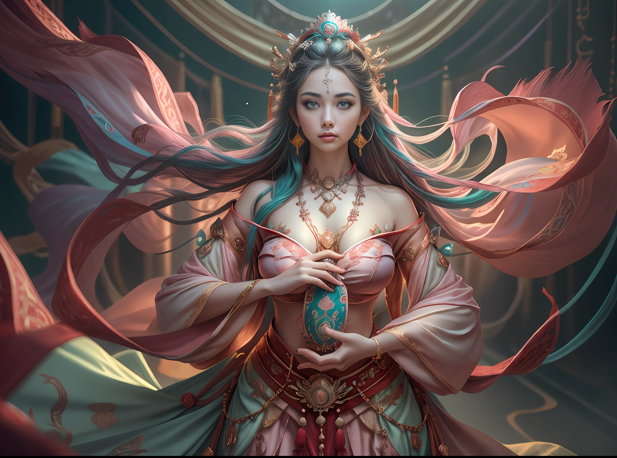 Best quality,masterpiece,ultra-detailed high res,(photorealistic:1.4),raw photo,,illustration,
1girl dancing,(solo:1.2),(cowboy shot:1.2),(hair crown:1.2),Traditional chinese dunhuang style lace clothes,Strapless,(red eyeliner:1.2),(huge breasts:1.4), (v-neck:1.5), (big necklace:1.4), lace armour, (beautiful eyes :1.4), (looking at viewer:1.5), earrings,dynamic angle,Opera House,messy_long_hair,ink,cinematic lighting,lens_flare, Velvet, chrysanthemum,Tassel,Ribbon,color embroidery, white gold pink blue violet green