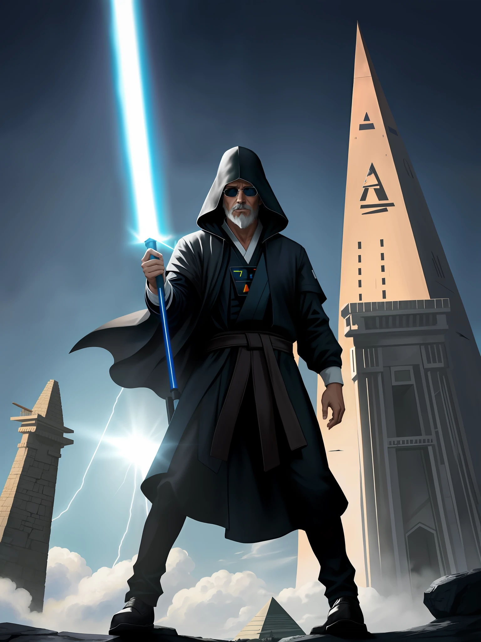 Shirt on a man, he wears dark visors, wearing a dark hood, wearing Sith style hood, wearing sunglasses, photo of a 50-year-old white man, dark visor covering the top of his face, with glasses and goatee, long gray beard, full body, standing, Jedi style clothing, in front of a pyramid, on the pyramid a flying saucer, With a lightning bolt illuminating the Jedi, anime-style.