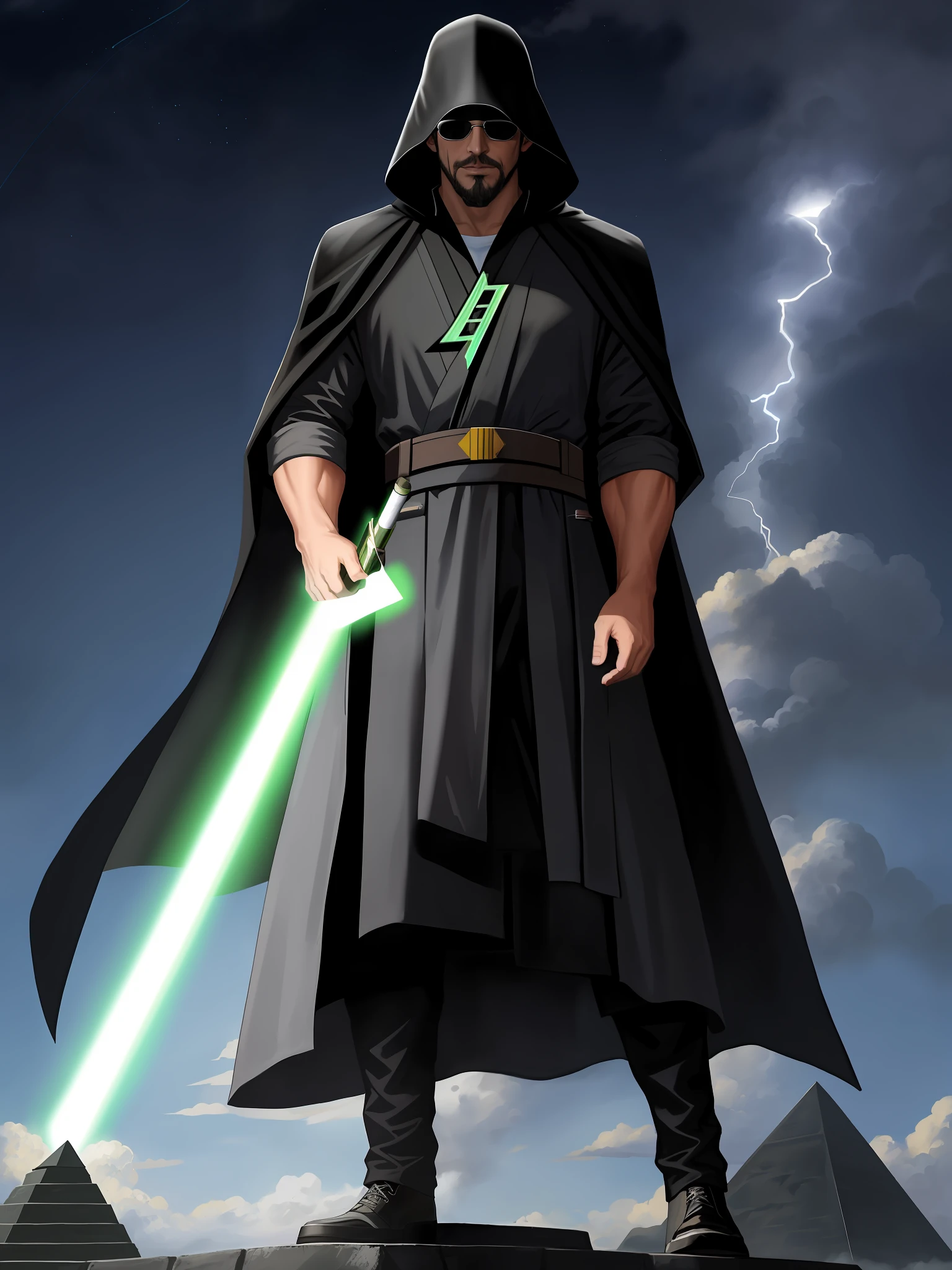 Shirt on a man, he wears dark visors, wearing a dark hood, wearing Sith style hood, wearing sunglasses, photo of a 50-year-old white man, dark visor covering the top of his face, with glasses and goatee, long gray beard, full body, standing, Jedi style clothing, in front of a pyramid, on the pyramid a flying saucer,  With a lightning bolt illuminating the Jedi, anime-style.