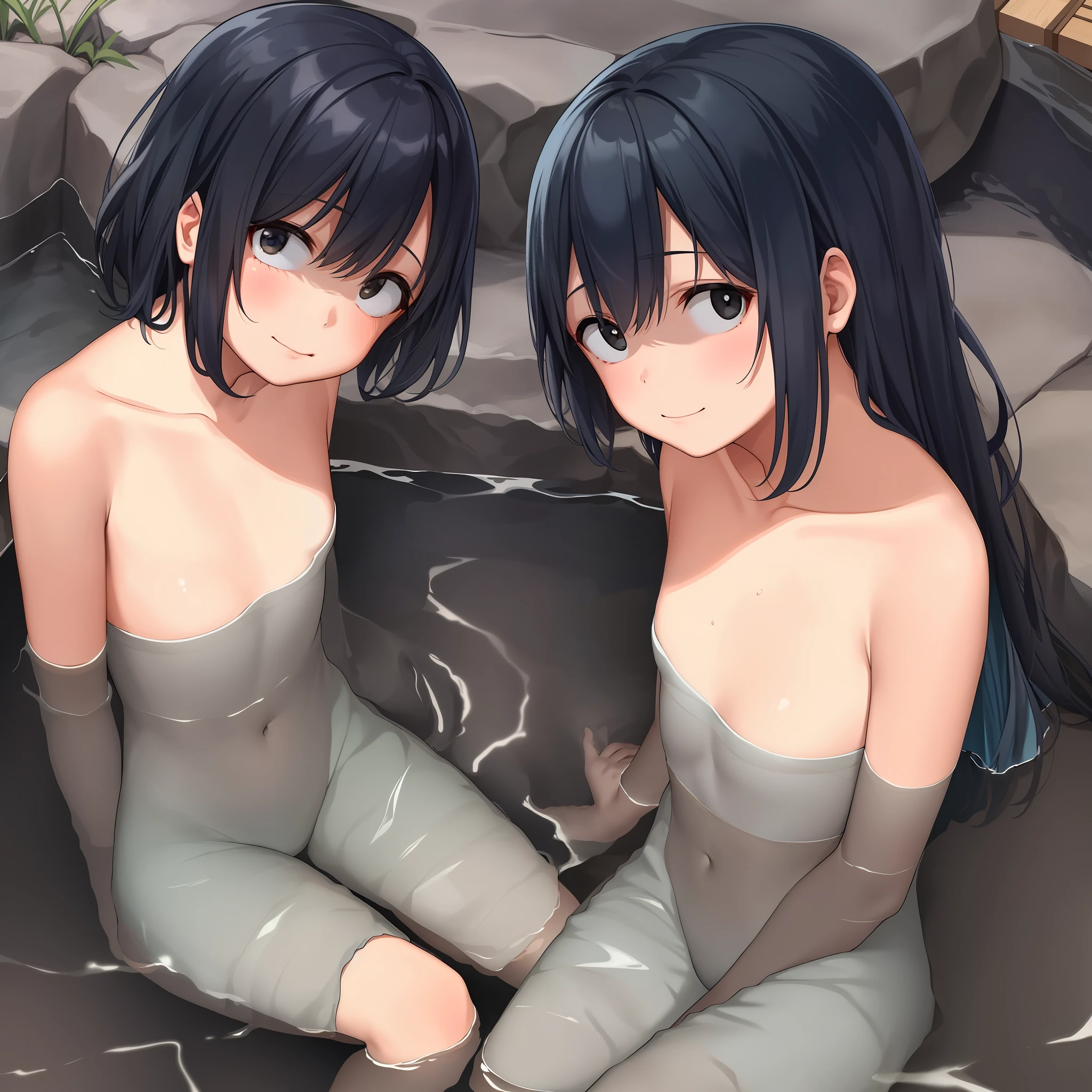 2girls,onsen, sitting ,from above,cowboy shot, looking at viewer, straddling, open legs wide, hug, knees up