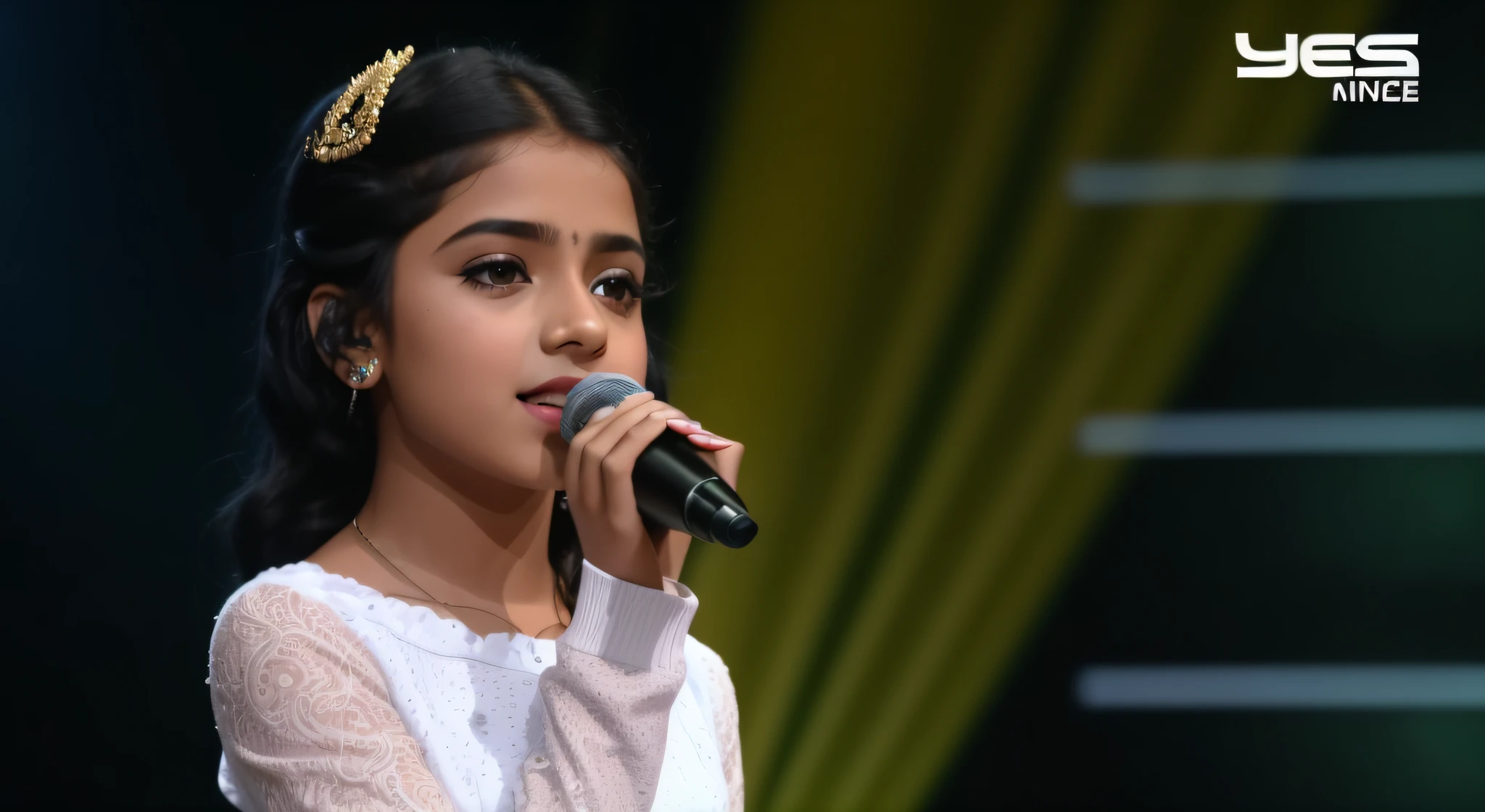 a close up of a young girl holding a microphone in her hand, singer in the voice show, youtube video screenshot, performing on stage, performing, jacqueline e, excellent composition, live performance, teaser, amazing composition, very ornate, young idol, music show, by Jitish Kallat, trailer, vocalist, jayison devadas, incredibly beautiful, threatening
