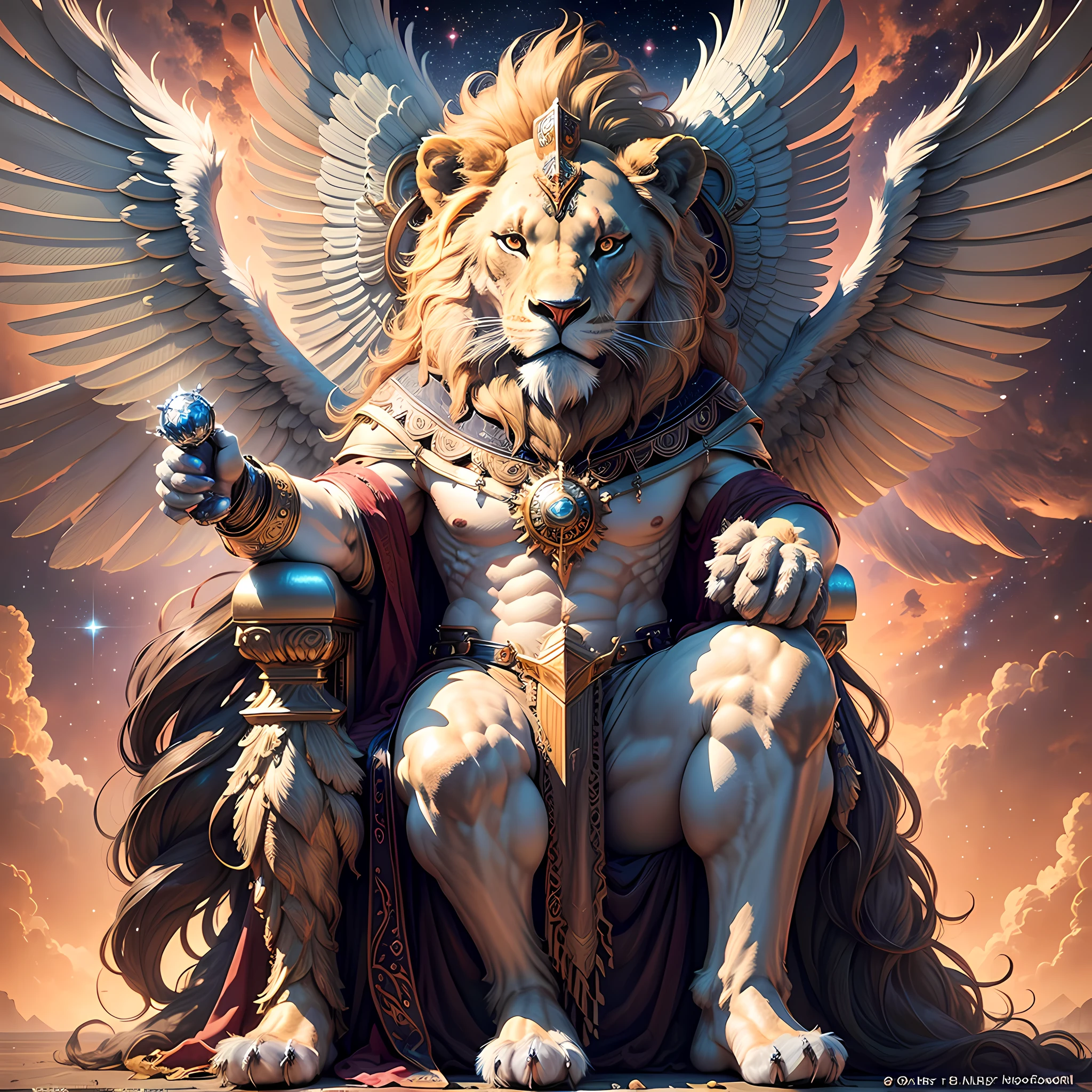 Photograph taken from afar of a humanoid lion with wings and full king's clothing sitting on the throne, with futuristic buildings, background nebula ((best anatomy)) hyperrealism, realism, proportional, total quality, stylized --auto --s2