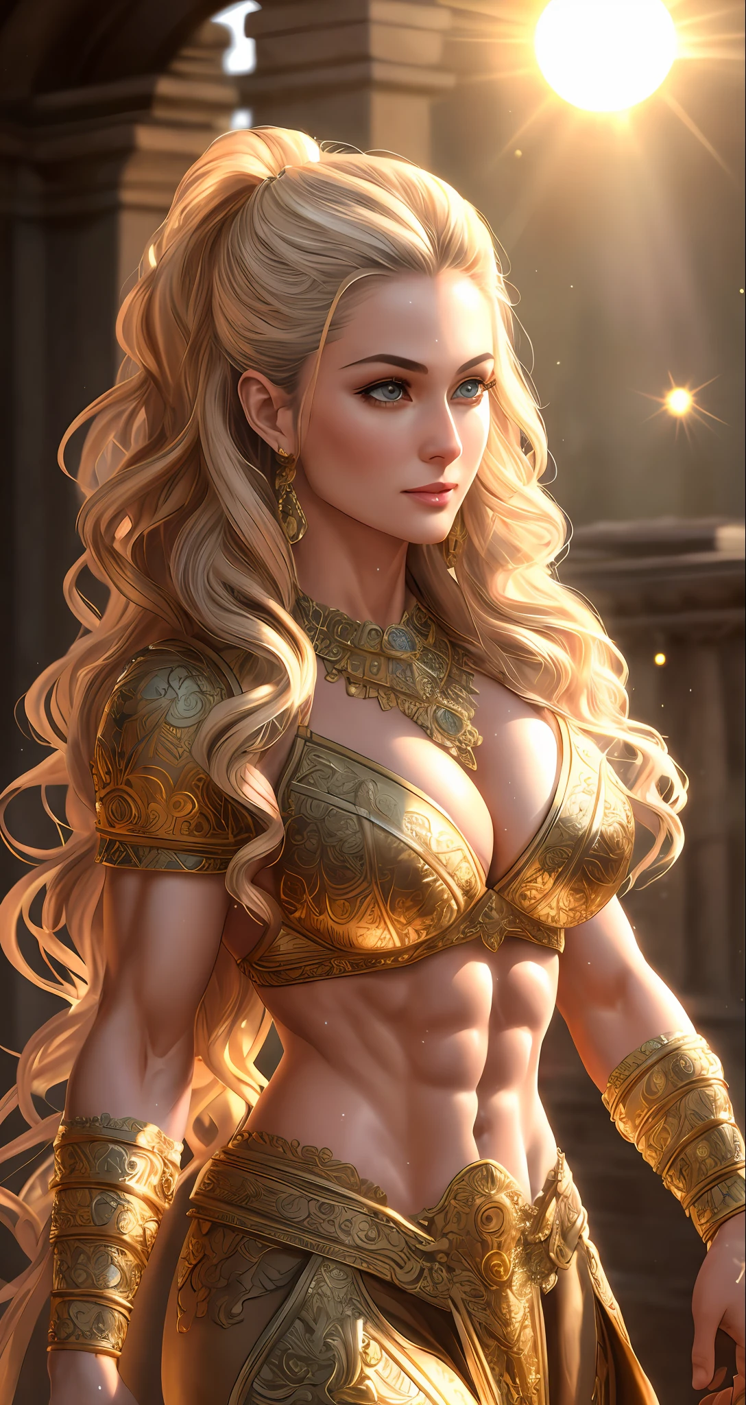 best quality, masterpiece, highres, photo realistic, ultra realistic, sun tyndall effect,photorealistic, dark studio, rim lighting, tone lighting,(high detailed skin:), 8k uhd, dslr, soft lighting, high quality, volumetric lighting, candid, photograph, high resolution, 4k, 8k, bokeh, ultra realistic 8k cg, (epic:, perfect artwork, masterpiece, ancient dynasty, medieval, fantasy), (((detailed background))), 50yo queen muscular fresh model , shredded,(A stunning God-like beauty), (striking facial features, detailed hair) dynamic angle, amazing stunningly beautiful, sitting, wavy shiny hair, golden wet skin shining, full body portrait, glamour, perfect soft curves, perfect body, perfect boobs, full wet lips, perfect extremely detailed abs, ultra realistic, sun