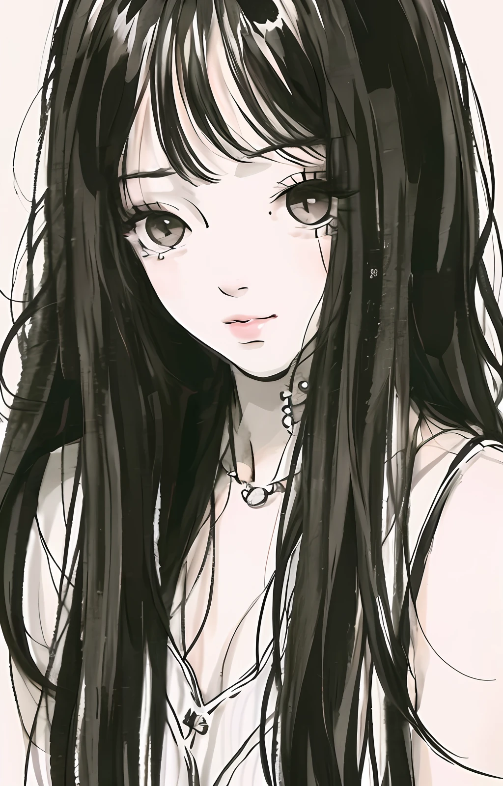 Imagine a woman with long, black hair drawing in black and white pencil