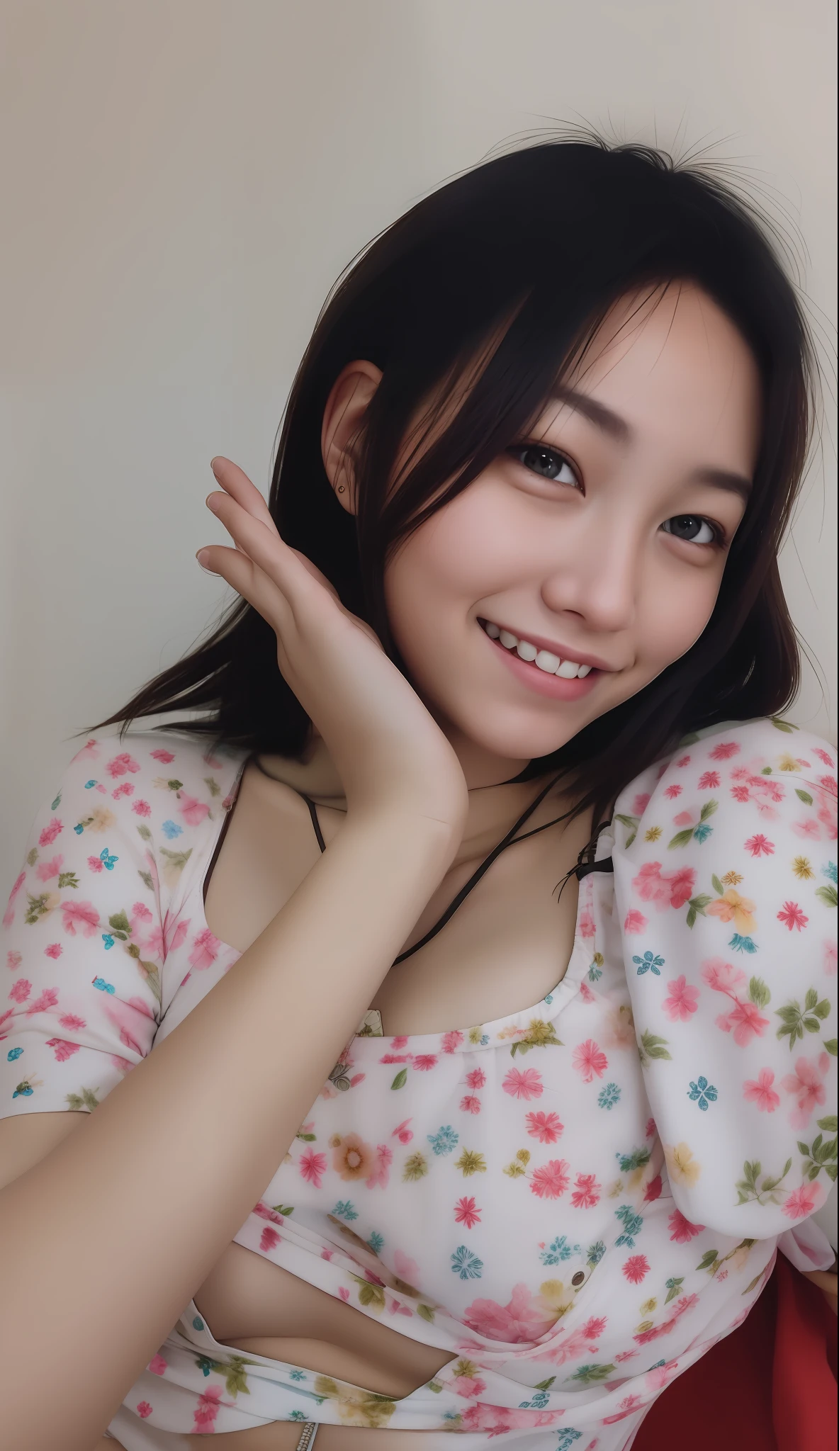there is a girl smiling, the smiling girl don't wear bra, and are brown showing me
