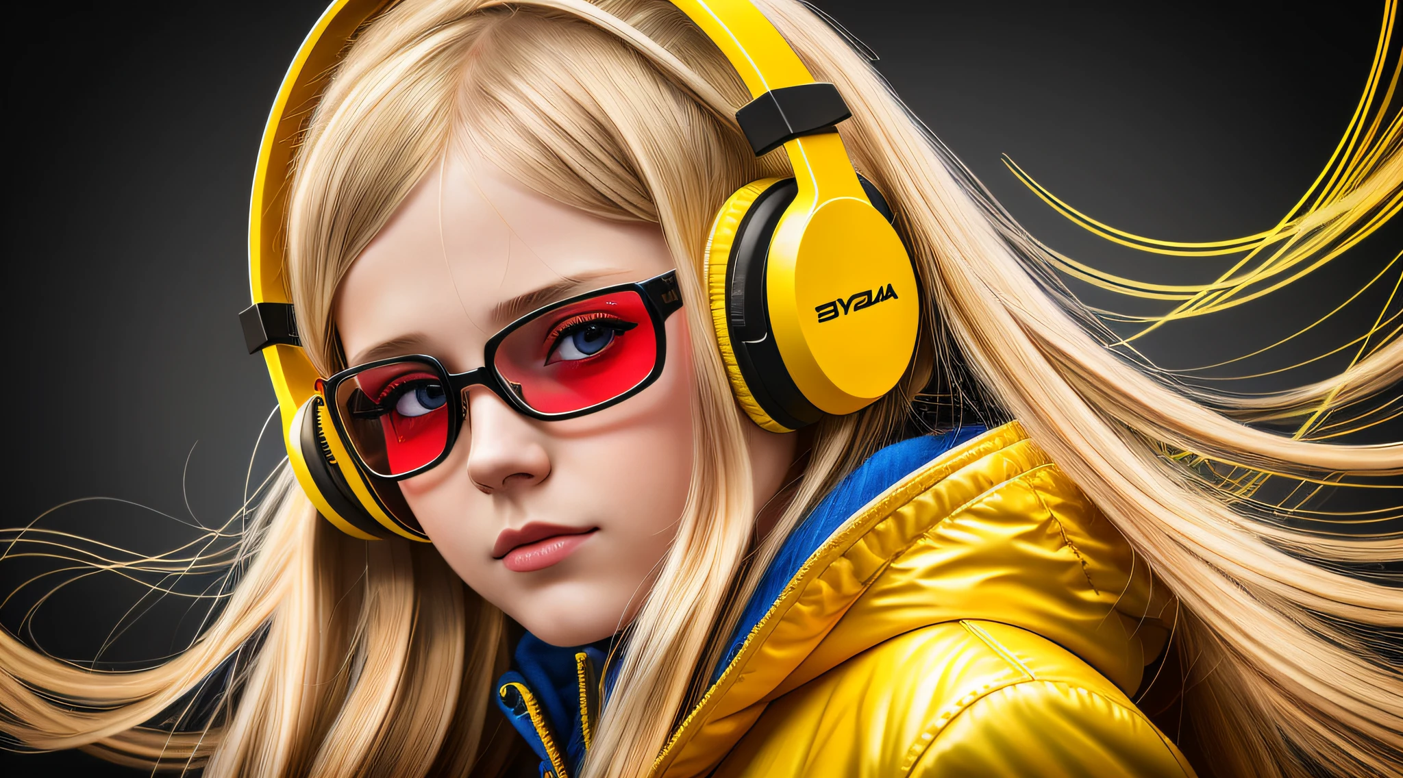 blond girl with red glasses and yellow jacket listening to music, girl wearing headphones, photorealistic digital painting, photorealistic artstyle, amazing photorealistic graphics, e - girl, e-girl, digital art. photo realistic, ultra realistic digital painting, style digital painting, hyperrealistic digital painting, realistic colorful photography, hyper realistic digital painting, photorealistic art style