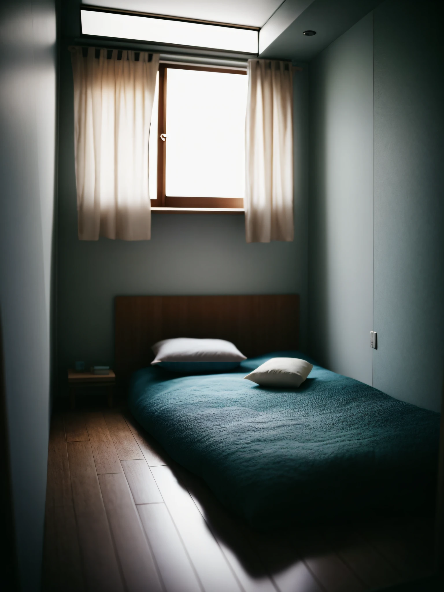 there is a bed in a small room with a window, in a bedroom, dim bedroom, bed is not made, un made bed, small room in tokyo, claustrophobic room, small bedroom, bed on the right, bed, photorealistic room, inspired by Elsa Bleda, small bed not made, in small room, natural light in room