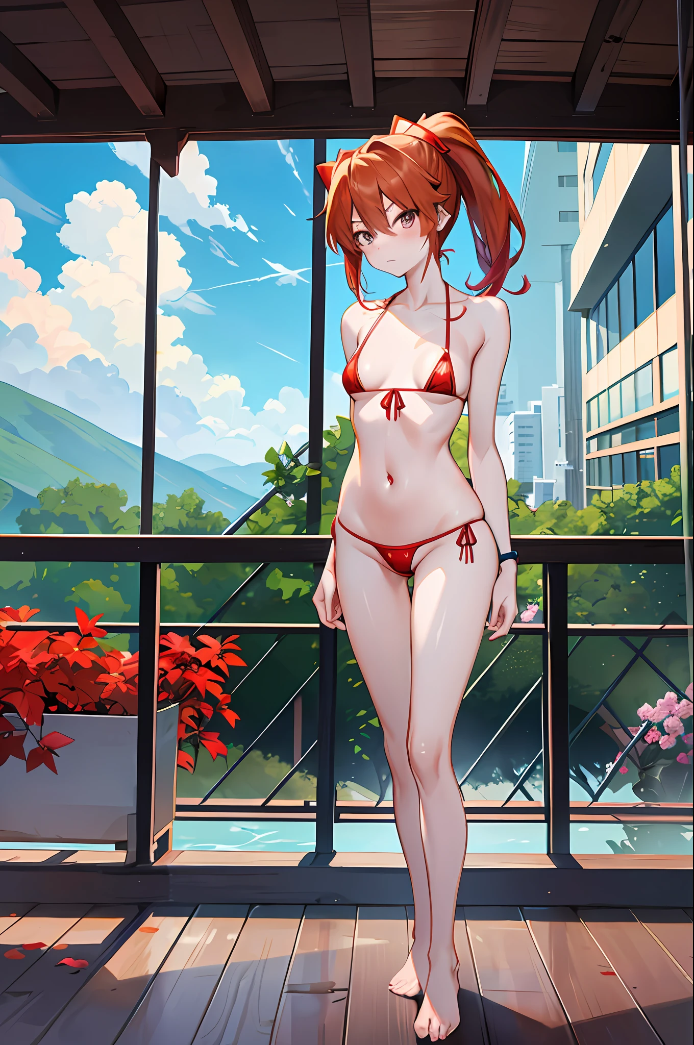 Souryu Asuka Langley, Jitome, Watch Viewer, Live Date, Shy, Contempt, (Micro Bikini: 1.4), Model Figure, Full Body, NSFW, Standing, Bare Shoulders, Bare Arms, Bare Feet, Beautiful Long Leg, Slim Body, Skinny, Emaciated, Thin