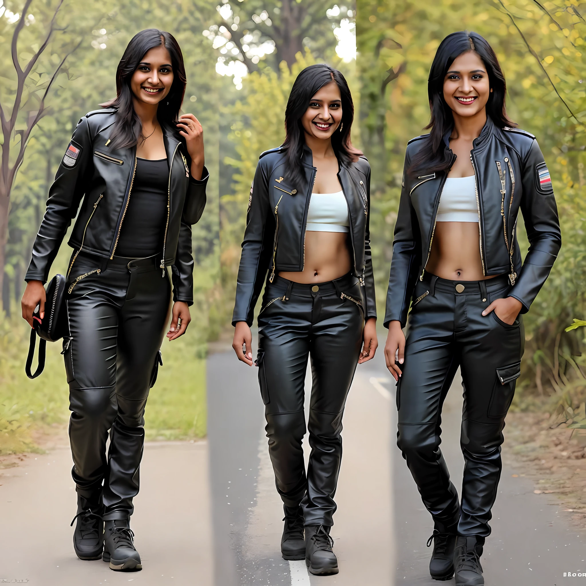 Side by side photo of a Indian biker woman ,(road:1.3), jacket and pants, outdoors, fair skin,tall, seductive, detailed cute face, full lips, smiling, hyper realistic, ((skinny:1.0)), clothed, full body shot, visible navel, cleavage, messy black hair