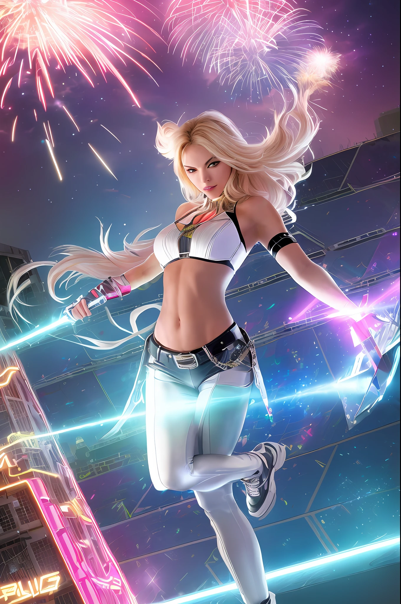 ((in the style of Jim Lee)) Render a full-body portrait of Marvel's Dazzler striking a fierce pose under a neon-lit city backdrop, with fireworks exploding overhead. Long blonde hair, she's invoking her powers, so she has a trail of bright light behind her, illuminating her white punk rock outfit. Be sure to capture your unique sound waves emanating from your hands and include some vinyl records scattered around you to reference your music-themed powers.