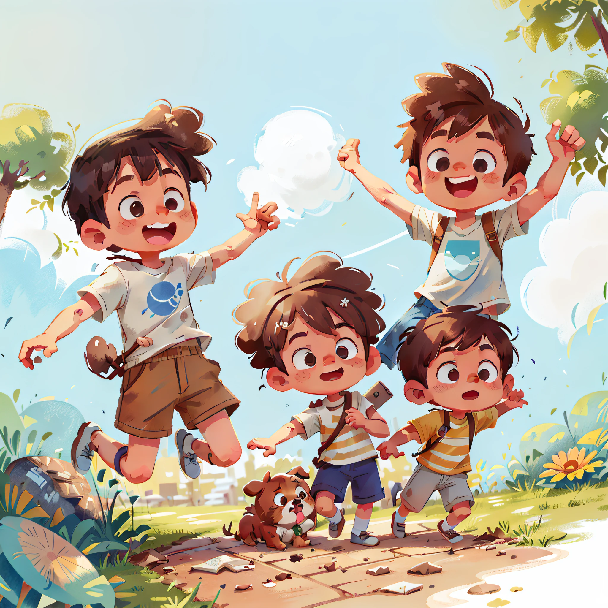 A little boy and dog, boy wearing white short sleeves, brown hair, dayman's hairstyle, dog sticking out his tongue happily, blue sky, happy, jumping, happy --v 6