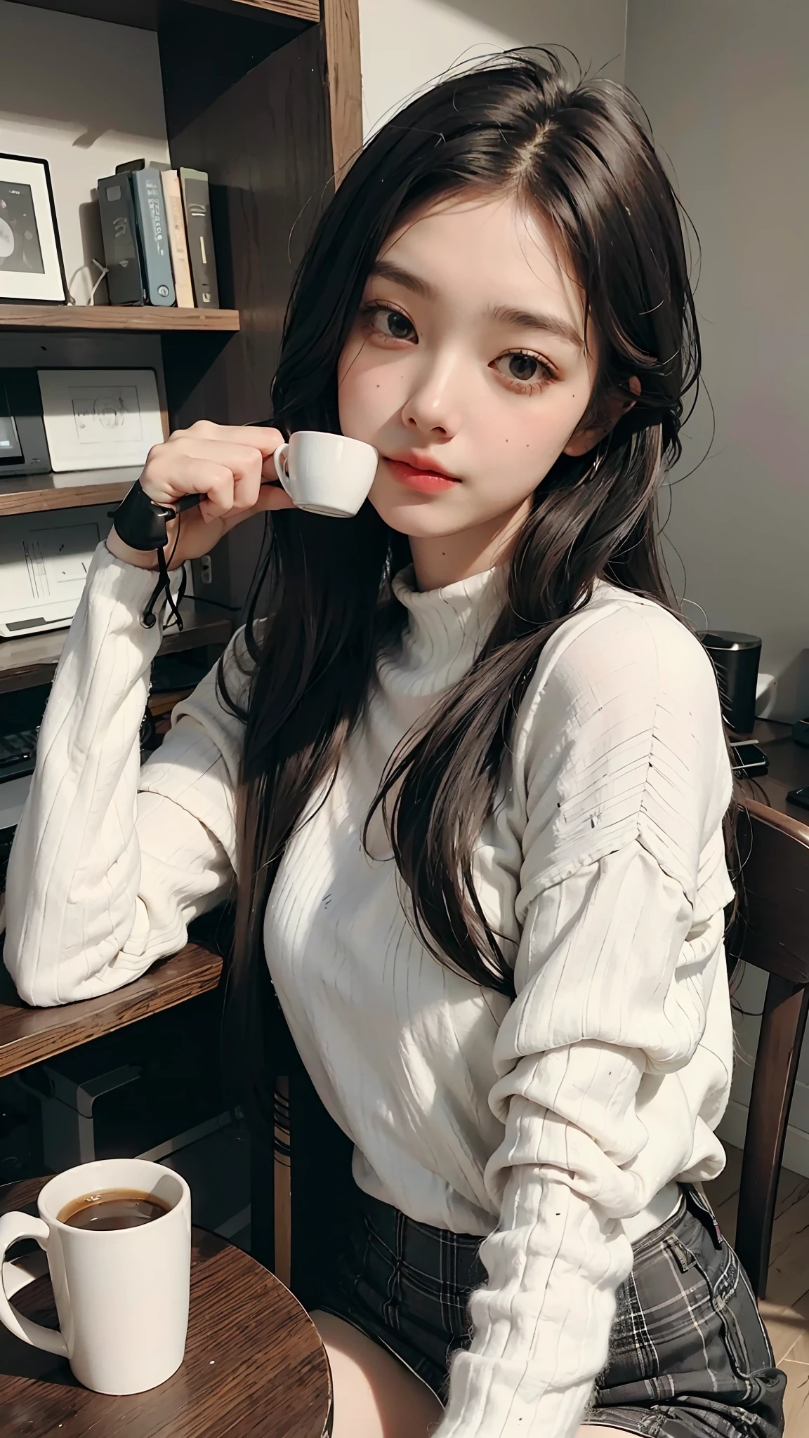 Intelligent woman with beautiful long hair, fiddling with mobile phone at home, table with computer, rough clothes, drinking coffee