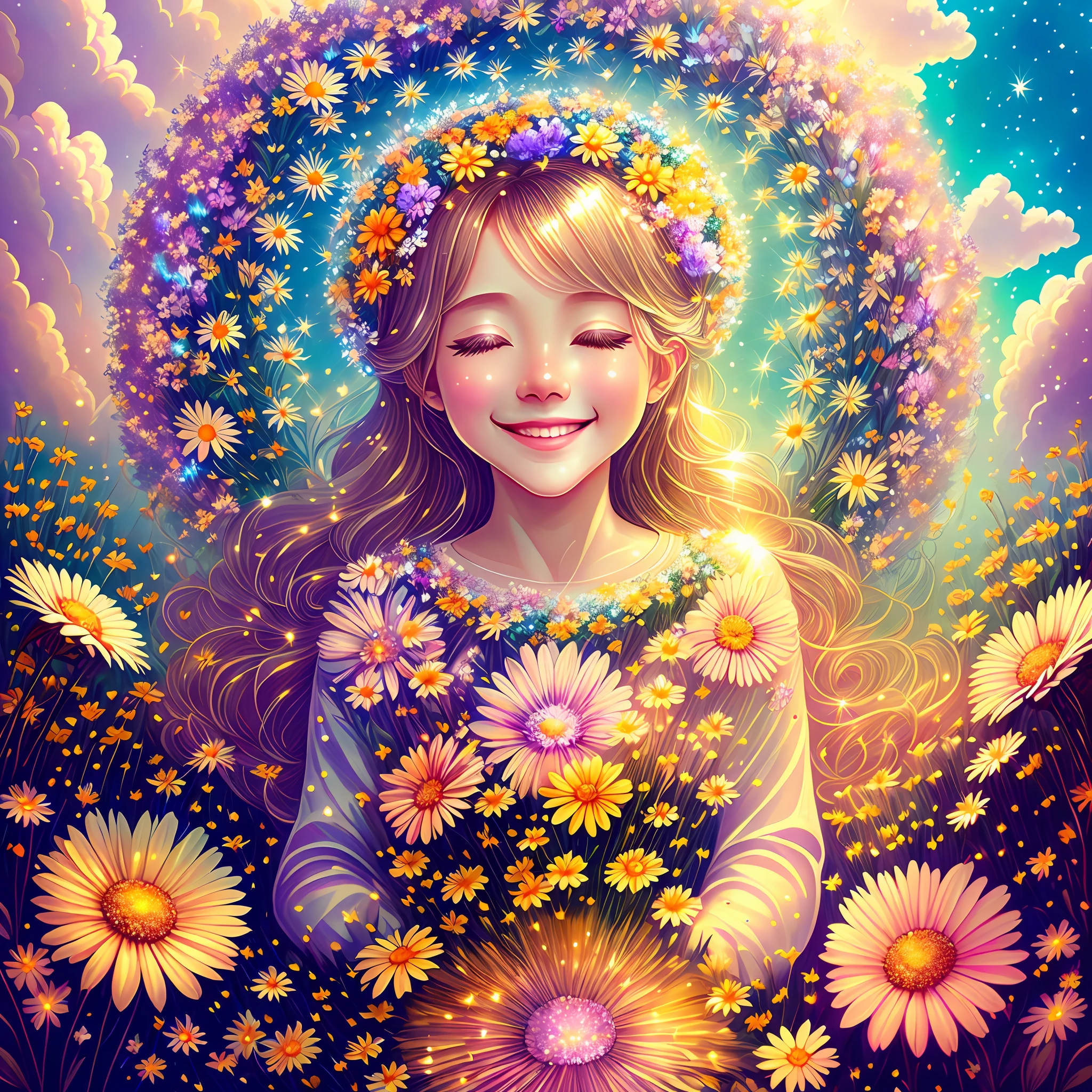 heaven, heaven, light, brilliance, happiness, bright smile, glitter, flowers, flower garden, halo, clouds --auto --s2