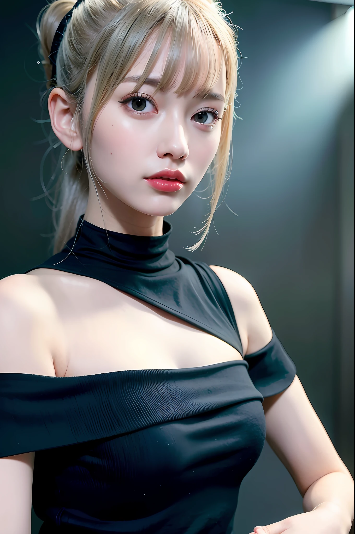 best quality, ultra high res, (photorealistic:1.4), 1girl, off-shoulder white shirt, black tight skirt, black choker, (faded ash gray hair:1), (huge breasts:1.2), looking at viewer, closeup ,