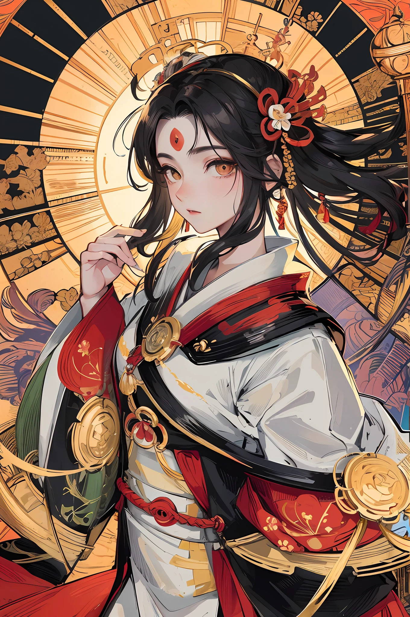 Amaterasu, goddess of the sun, incarnation of the sun, supreme god of Japan, ruler of Takamagahara and the deification of the sun. The ancestor of the Japanese emperor, the supreme god of Shintoism in Japan, Japanese cherry blossoms, ((normal breasts)), (human wife), indifferent, extremely majestic, Golden eyes, coated with gold dust, soil seat, shaping a glorious atmosphere, radiant heaven and earth, fair skin, Long black hair, holding Yasaka Qiongqu Jade, mother, (extremely gorgeous kimono), clogs, white foot bags, perfect legs, ancient Japanese clothing, gorgeous gold belt, (lots of luxurious Japanese accessories), perfect flesh full of texture, , Scorching rendering effect, Jaw-dropping, captivating visual enjoyment, ((best quality), ((masterpiece)), maximum clarity, multi-layered texture, super detailed, illustration, (super detailed face), (perfect face), clear texture, fine texture, ultra HD detail display, excellent image performance, high-quality illustration, perfectly fitting harmonious tones, deep lines, precise brush strokes, with a strong sense of three-dimensionality and delicate wear, wonderful color matching, intricate details
