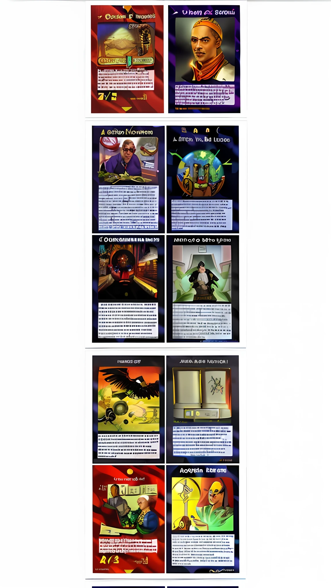 a close up of a poster with a bunch of different pictures, futuristic nft card game, major arcana cards, collectible card art, major arcana palace occult, trading card game, african cyberpunk wizards, tarot cards, holographic artifacts, style of magic the gathering, tarot card enviroment, tarot card style, by Luis Molinari, black paper tarot