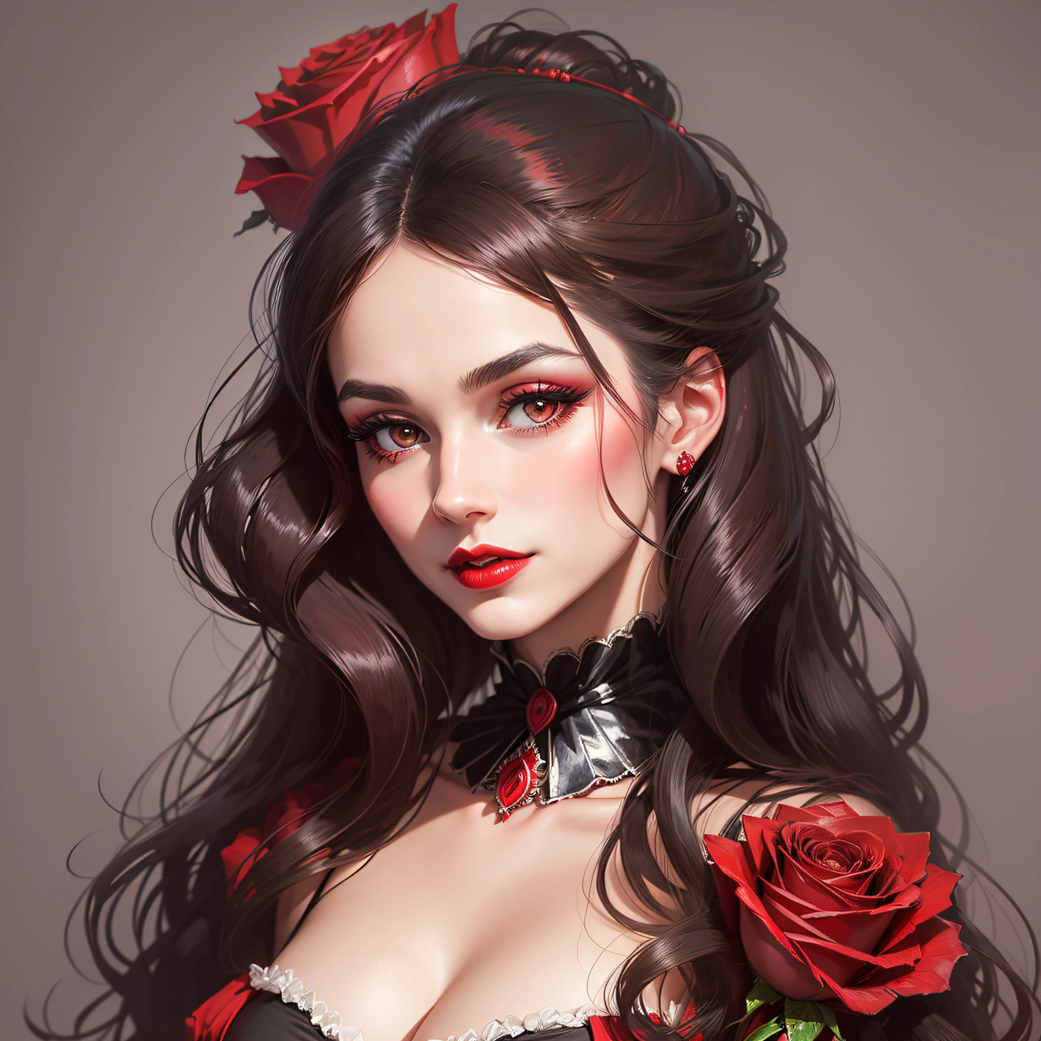 Generate the portrait of the bust of a cabaret woman from the year 1800 wearing red lipstick and dress long dark hair and a rose in her hair --auto --s2