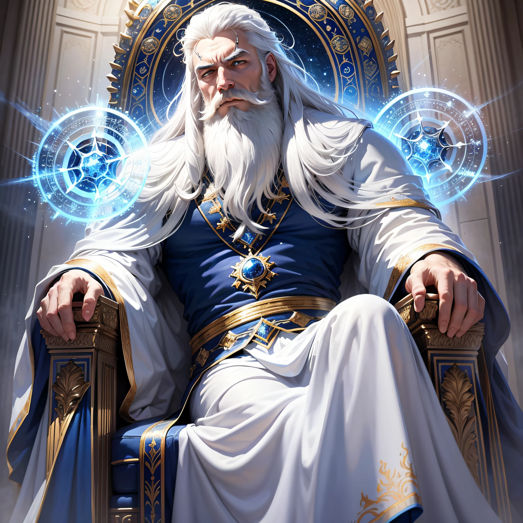 God, majestic, strong, imposing, white hair and beard, white clothes, intense shine, sits on the blue throne, similar to sapphire, appearing regal and majestic.. Magnificent and divine blue throne at the center of the universe. Wondrous scene, we see an extraordinary blue, similar to sapphire, surrounding.