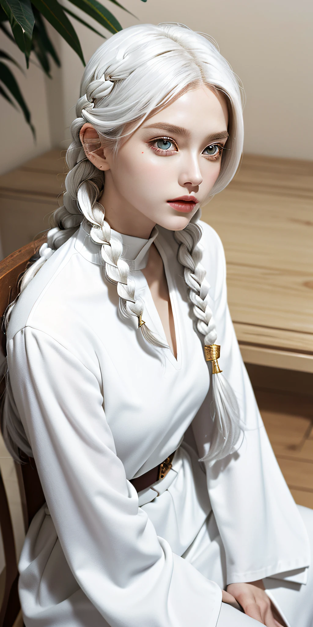 Excellent, masterpiece, white hair, golden eyes, white clothes, looking up, sitting, hair, fair skin, side braids