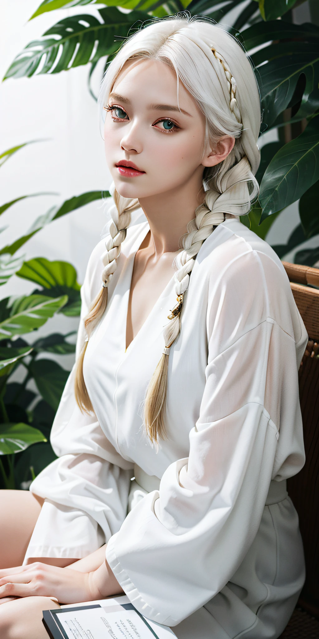 Excellent, masterpiece, white hair, golden eyes, white clothes, looking up, sitting, hair, fair skin, side braids
