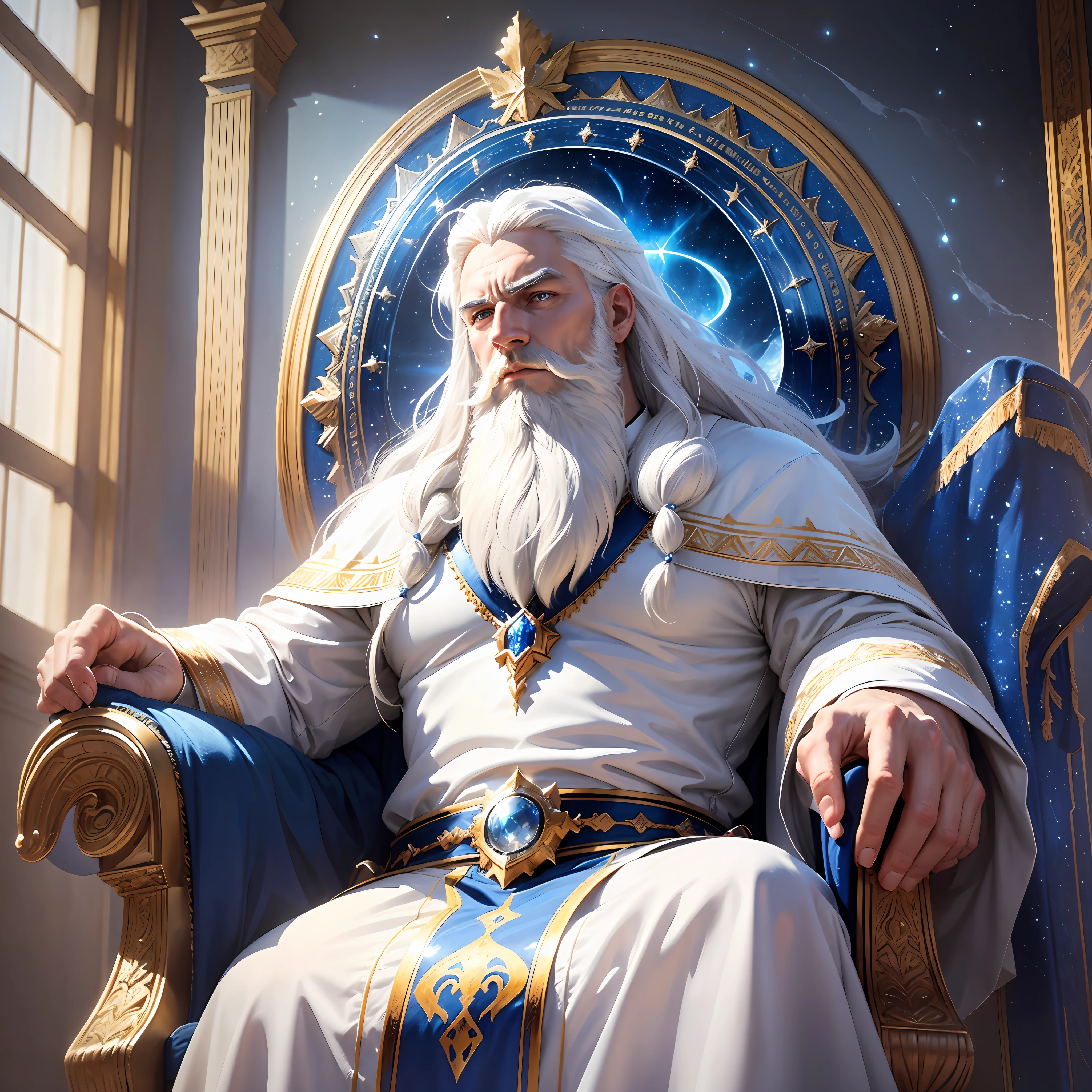 God, majestic, strong, imposing, white hair and beard, white clothes, intense shine, sits on the blue throne, similar to sapphire, appearing regal and majestic.. Magnificent and divine blue throne at the center of the universe. Wondrous scene, we see an extraordinary blue, similar to sapphire, surrounding.