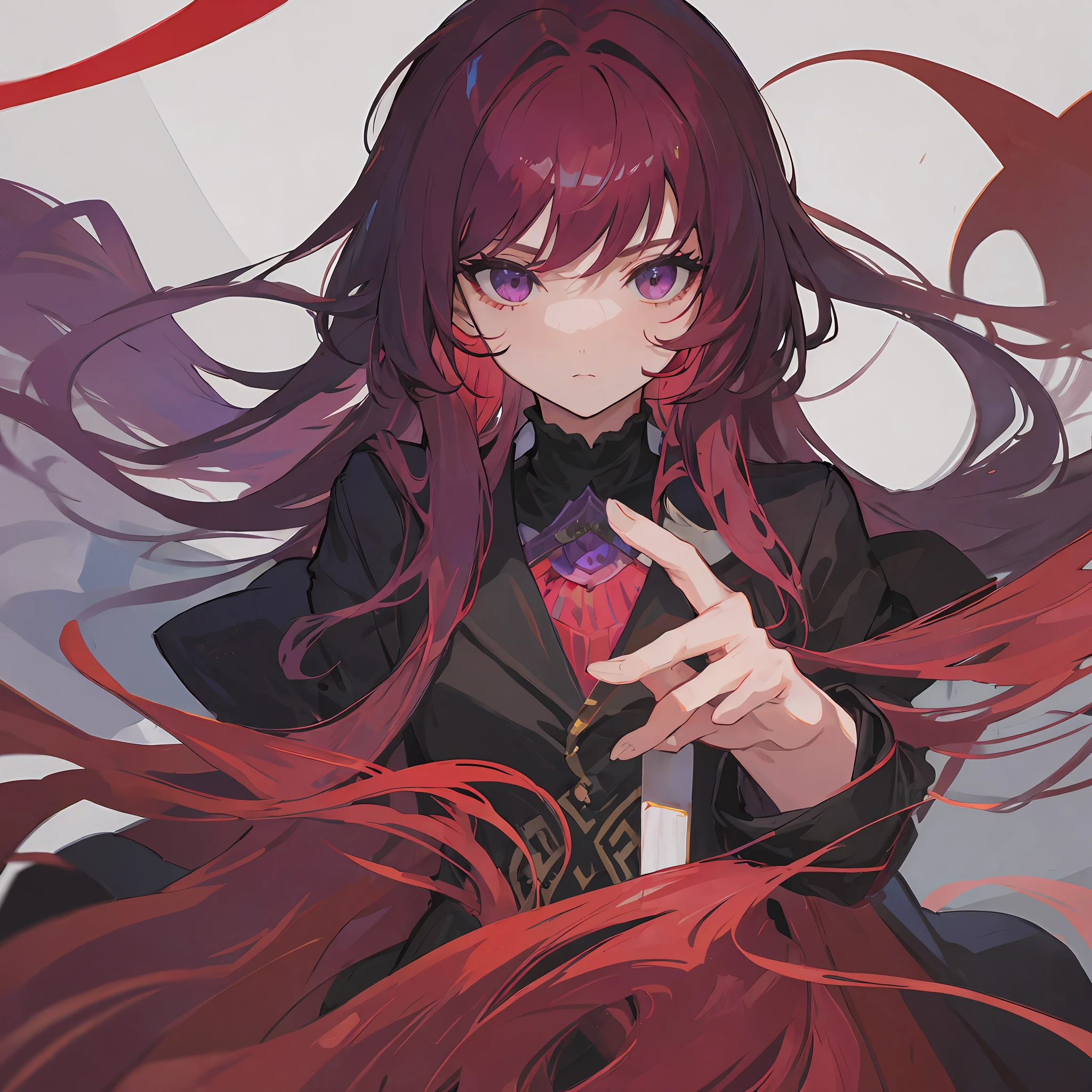 Girl, red flowing hair, purple eyes, black suit