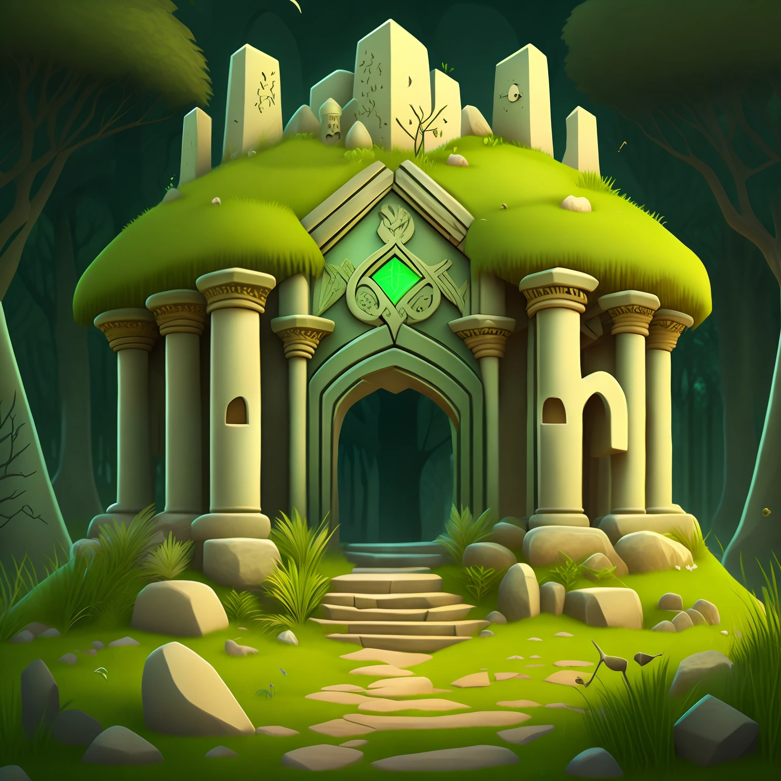 Cartoon architectural style, ancient ruins covered with stones and grass, a few glowing runes, structure of animal bones, full of natural and forest elements, with treasures buried inside,not cute, very mysterious and ancient, primarily green and gray.