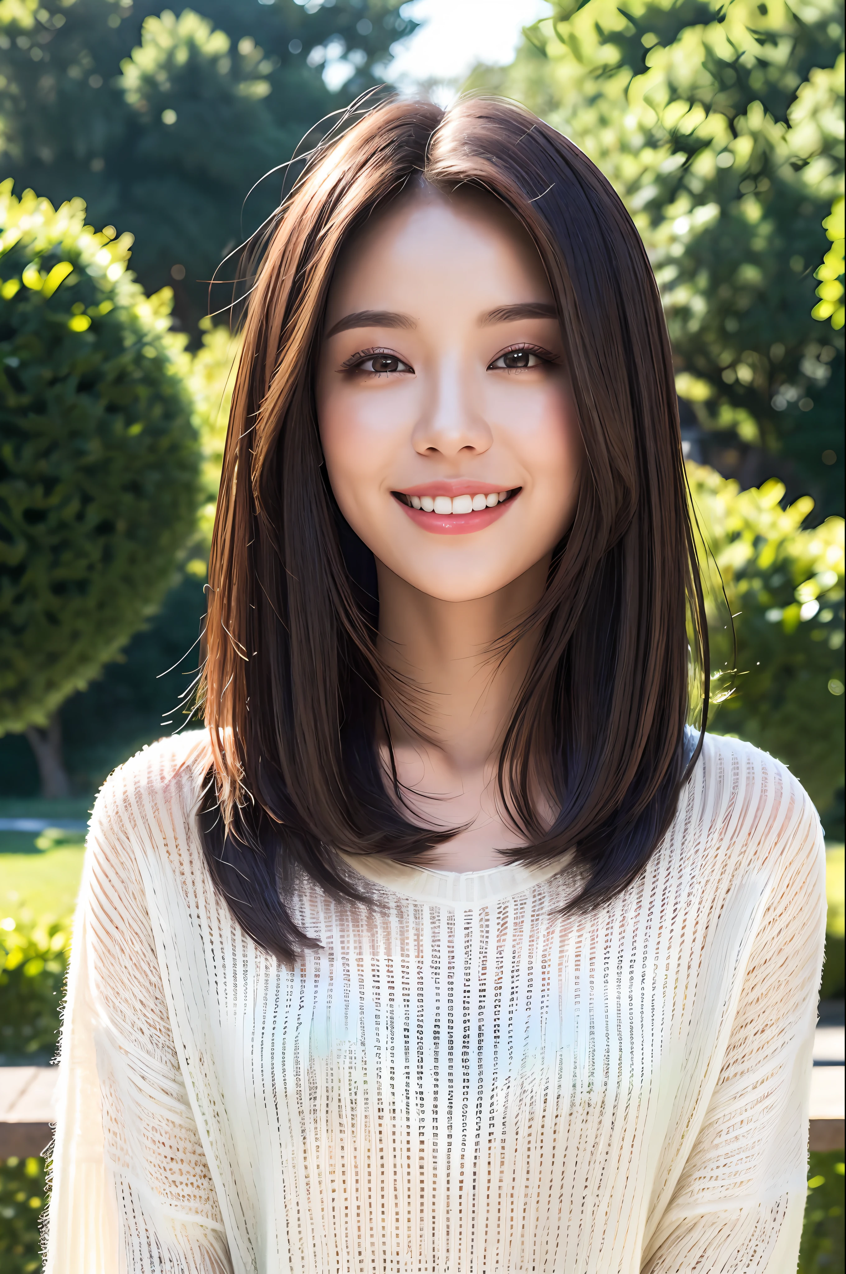 Top Quality, Masterpiece, Ultra High Resolution, (Photorealistic: 1.4), Diagonal Landscape, 1 Girl, Dark Hair, (Straight Bob: 1.4), Smile, Glossy Skin, Dramatic Lighting, Neatness, T-Shirt, White Summer Sweater, (Big: 0.9), Park