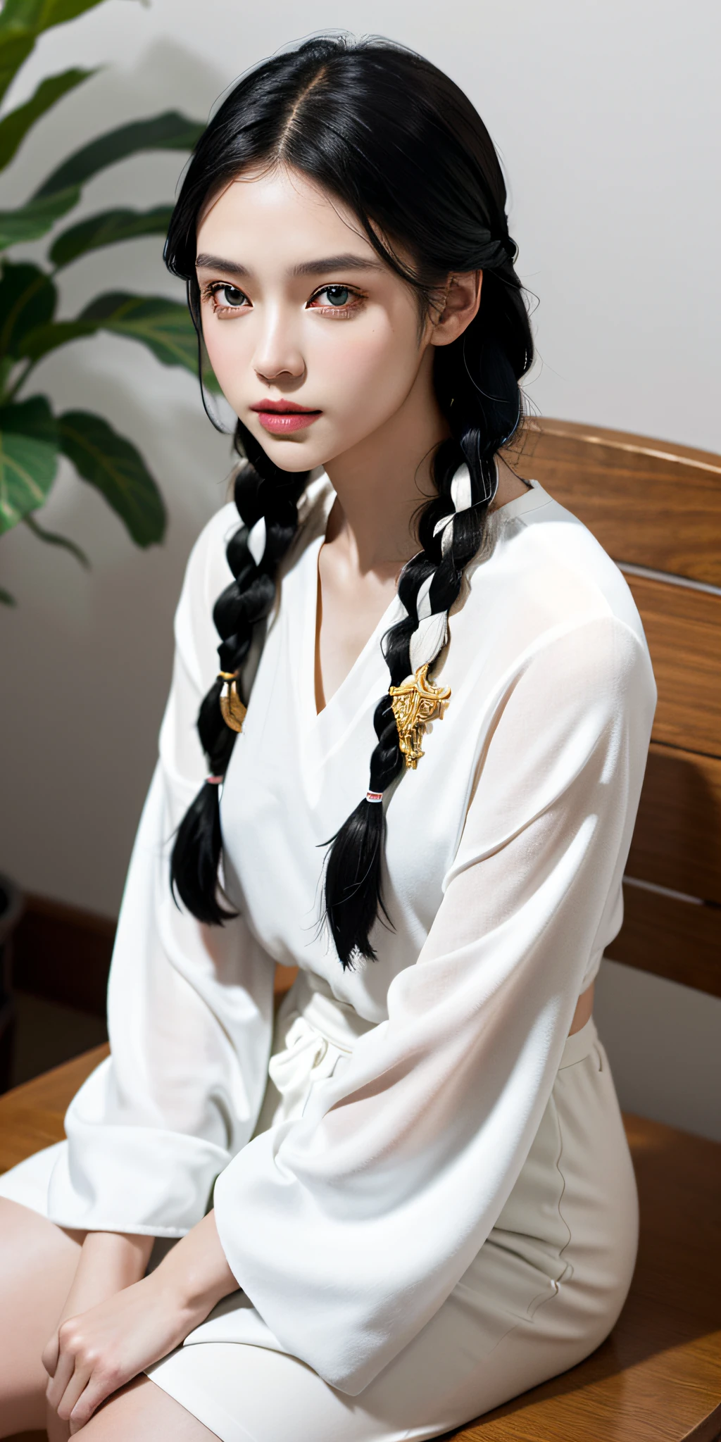 Excellent, masterpiece, black hair, golden eyes, white clothes, looking up, sitting, hair, fair skin, side braids