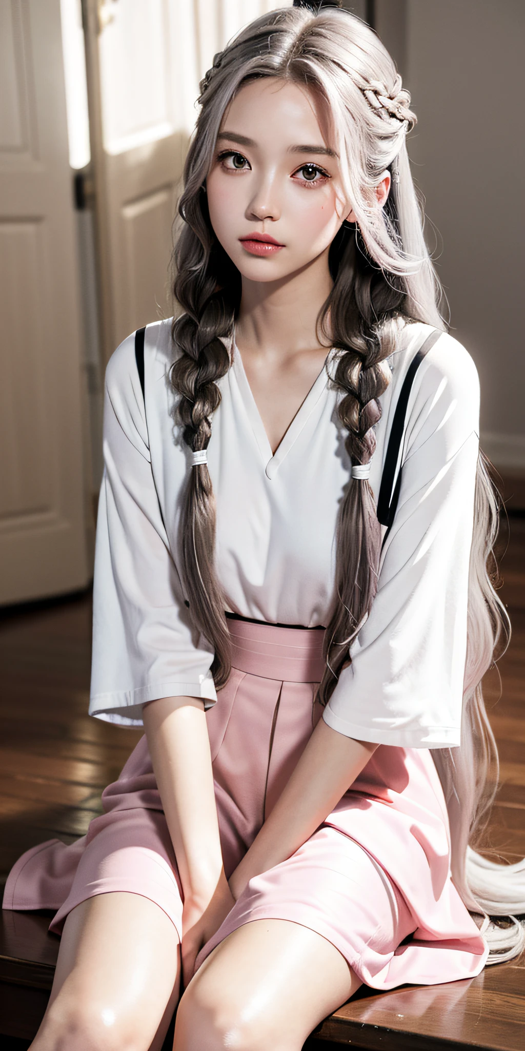 Excellent, masterpiece, gray pink mopping wavy long hair, golden eyes, white clothes, looking up, sitting, hair, fair skin, side braids