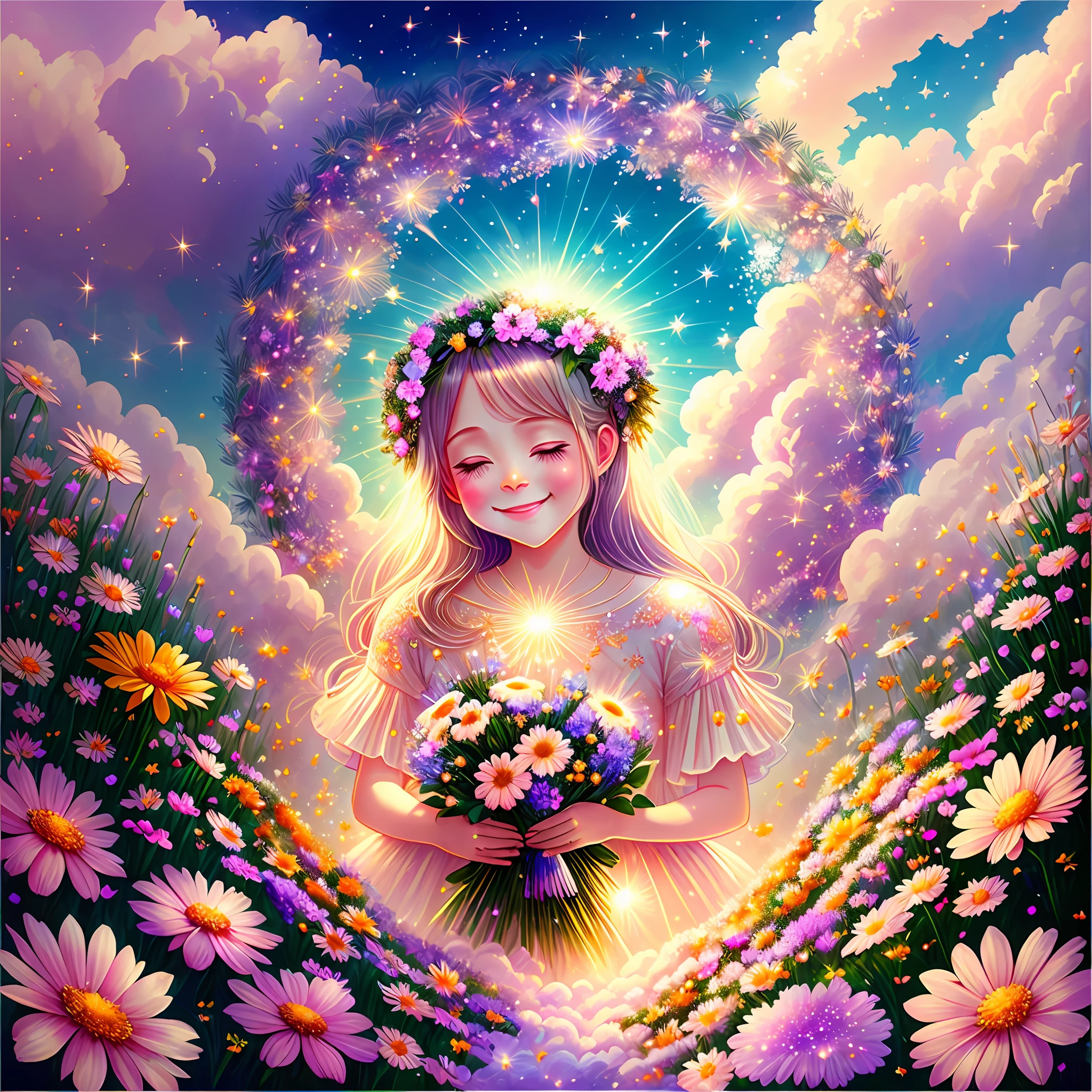 heaven, heaven, light, brilliance, happiness, bright smile, glitter, flowers, flower garden, halo, clouds --auto --s2