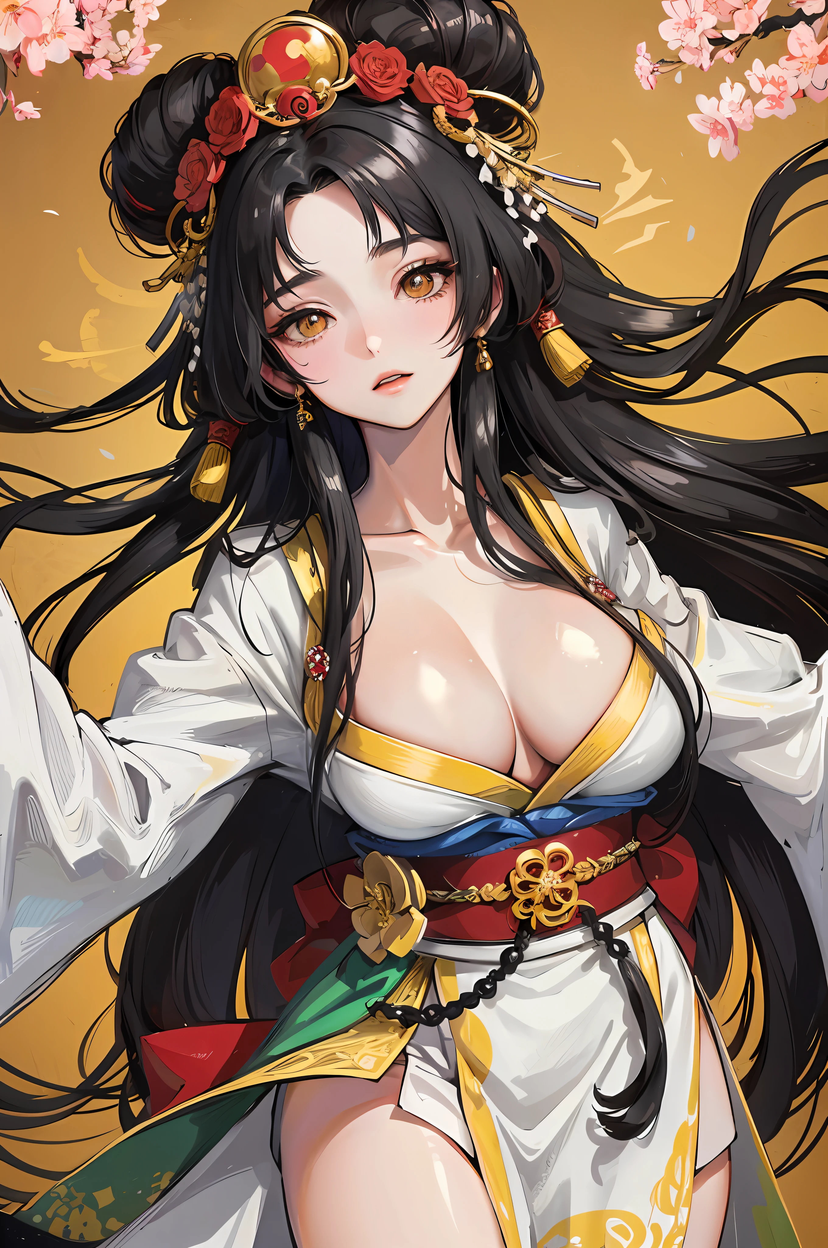 Amaterasu, goddess of the sun, incarnation of the sun, supreme god of Japan, ruler of Takamagahara and the deification of the sun. The ancestor of the Japanese emperor, the supreme god of Shintoism in Japan, Japanese cherry blossoms, ((normal breasts)), (human wife), indifferent, extremely majestic, Golden eyes, coated with gold dust, soil seat, shaping a glorious atmosphere, radiant heaven and earth, fair skin, Long black hair, holding Yasaka Qiongqu Jade, mother, (extremely gorgeous kimono), clogs, white foot bags, perfect legs, ancient Japanese clothing, gorgeous gold belt, (lots of luxurious Japanese accessories), perfect flesh full of texture, , Scorching rendering effect, Jaw-dropping, captivating visual enjoyment, ((best quality), ((masterpiece)), maximum clarity, multi-layered texture, super detailed, illustration, (super detailed face), (perfect face), clear texture, fine texture, ultra HD detail display, excellent image performance, high-quality illustration, perfectly fitting harmonious tones, deep lines, precise brush strokes, with a strong sense of three-dimensionality and delicate wear, wonderful color matching, intricate details