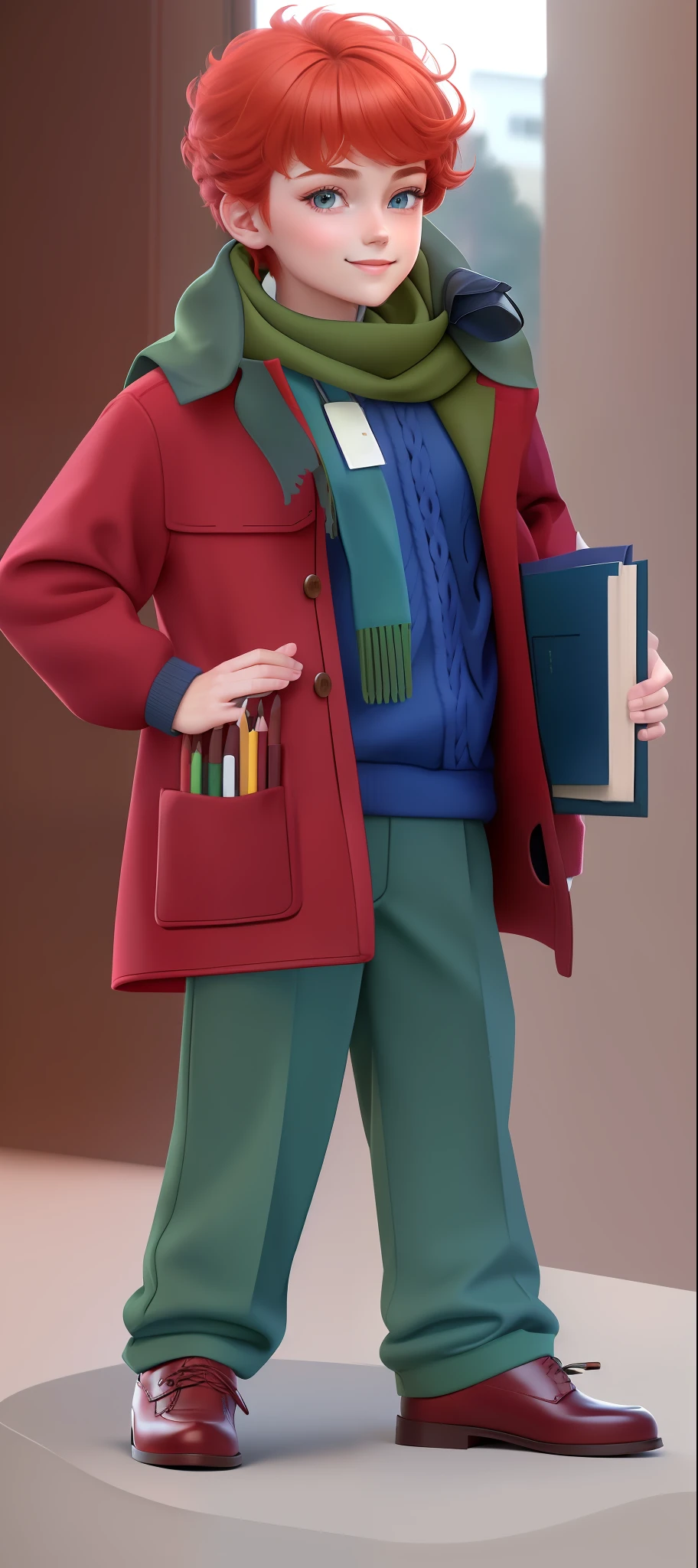 (extremely detailed CG unit 8k, masterpiece, best quality, ultra-detailed), (better lighting, better shadow, an extremely delicate and beautiful), pencil coming out of pocket, takes a pencil out of his pocket with his right hand, blue book under his left arm, [(smiling teenage girl, solo, ruffled redhead, short haircut, blue eyes, burgundy coat, green lapels, red sweater, green scarf,  green pants, burgundy shoes, pencils coming out of pocket ) :: 0.8]