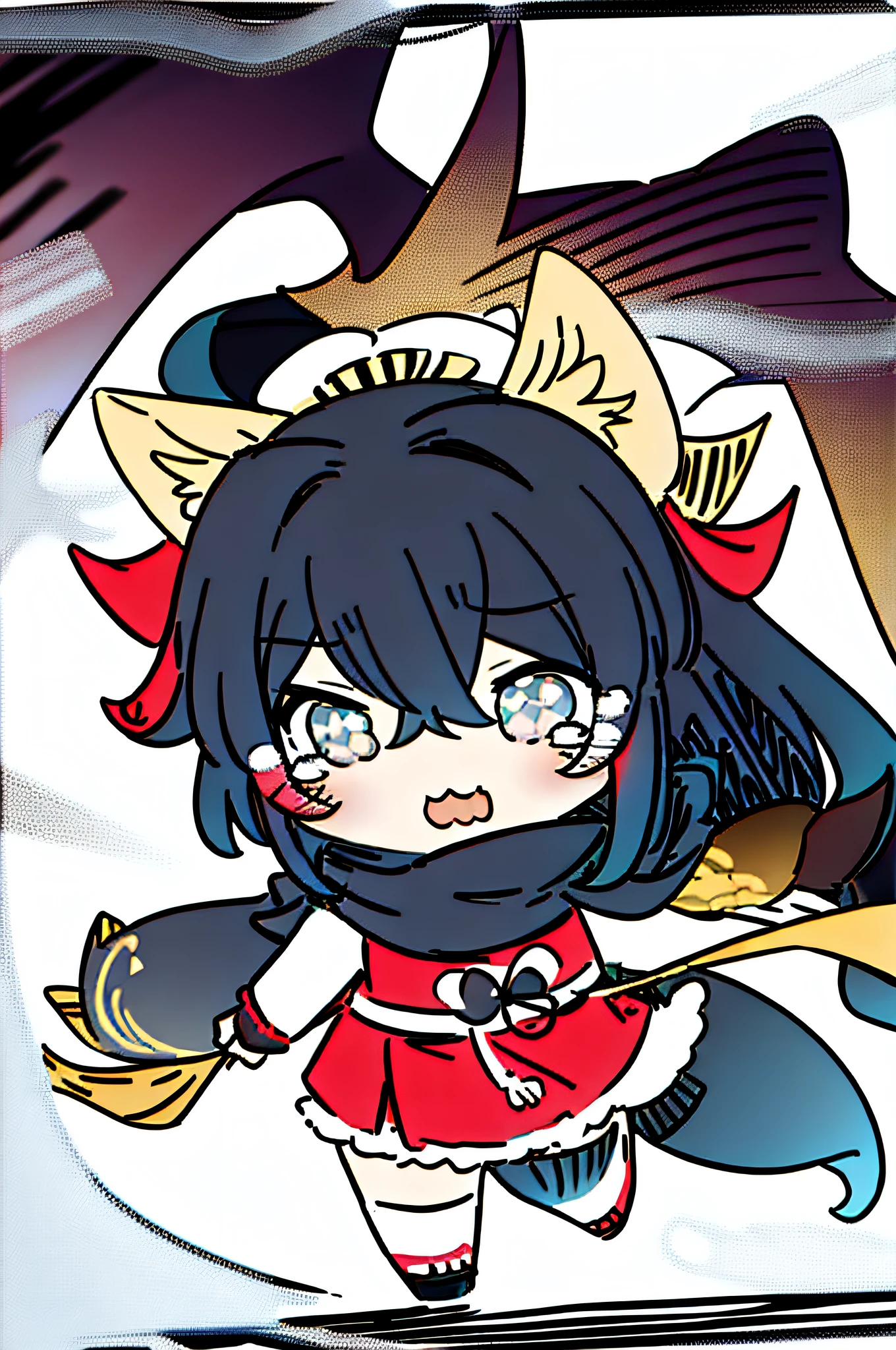 Hideji Okita (Destiny), Hideji Okita (Koba Ace), 1 Girl, Animal Ears, :3, Tail, Chibi, Bow, Ahog, Black Scarf, Black Bow, Hair Bow, Chinese Hanfu, Solo, Scarf, Hair Between Eyes, Bangs, Shark Cover, Cry
