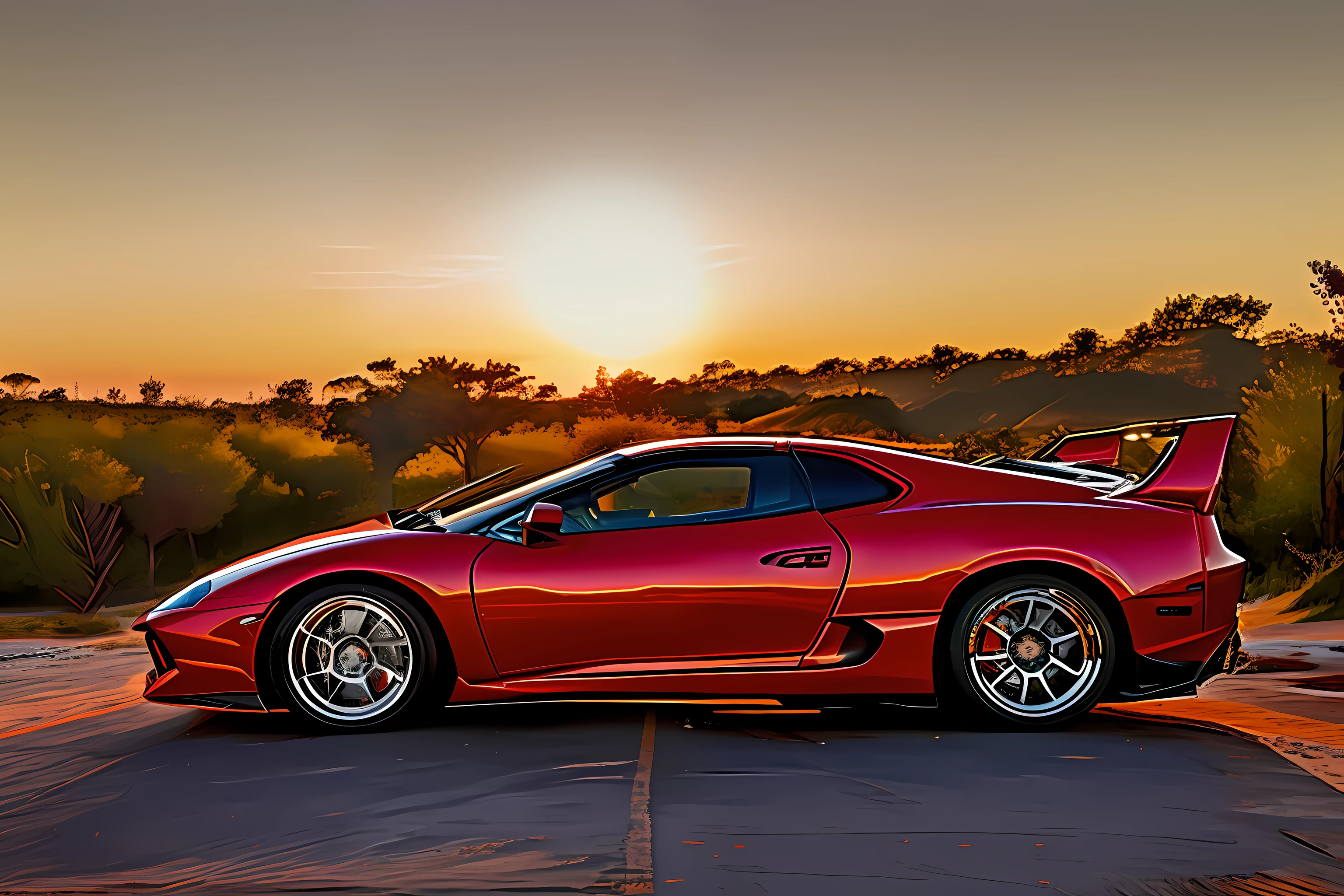 Drawing of a red and white Lamborghini in an orange and blue sunset