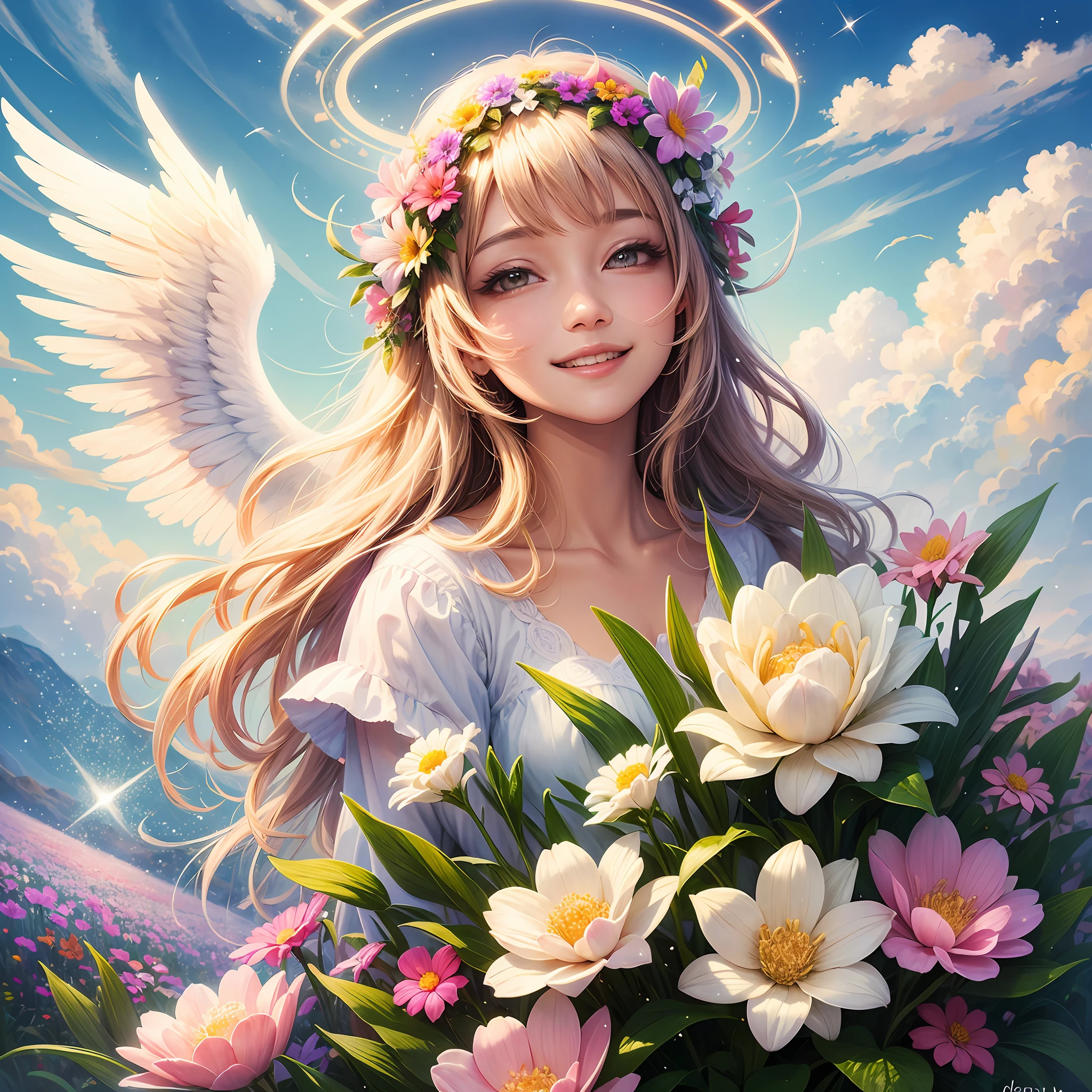 angel, heaven, light, brilliance, happiness, bright smile, glitter, flower, flower garden, halo, cloud --auto --s2