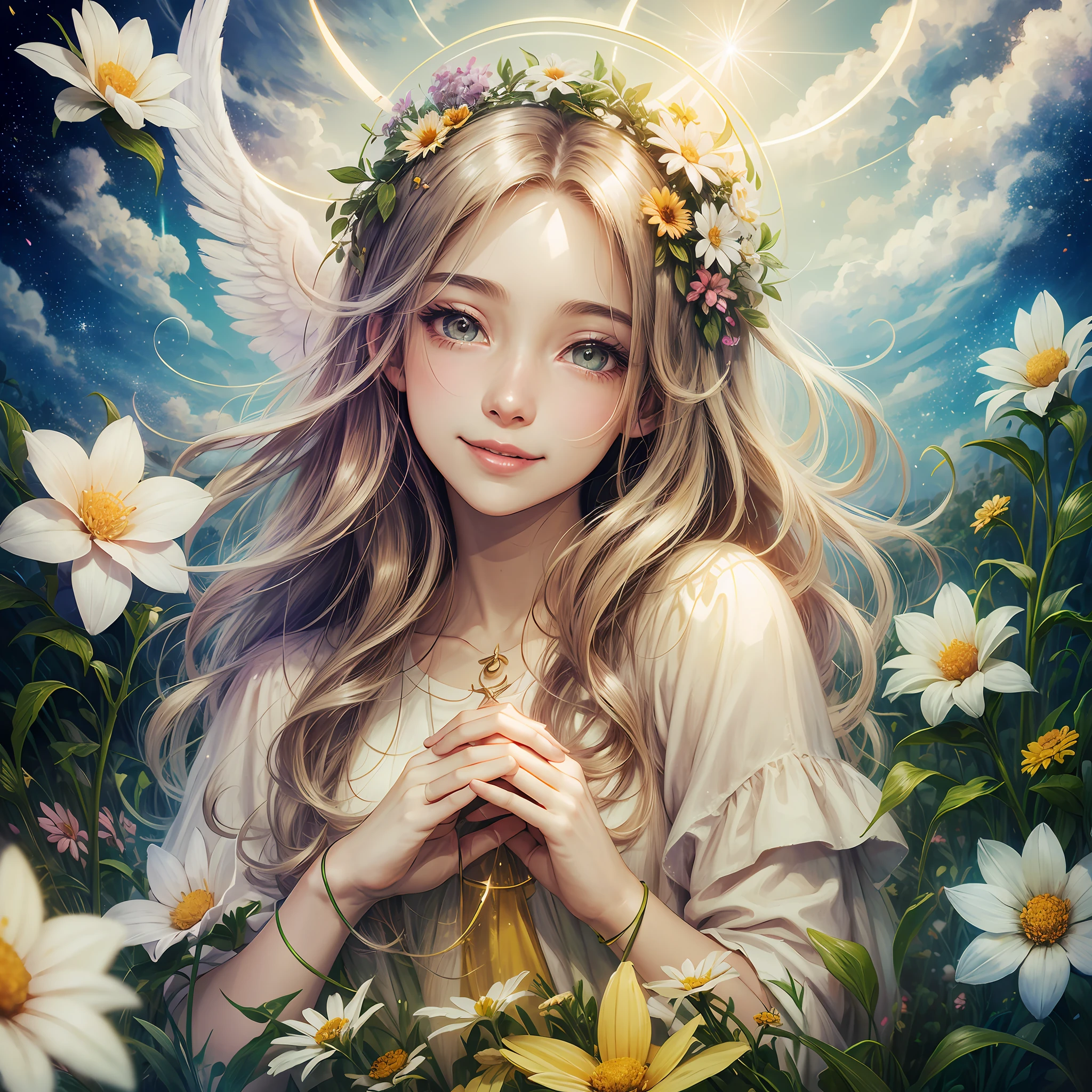 angel, heaven, light, brilliance, happiness, bright smile, glitter, flower, flower garden, halo, cloud --auto --s2