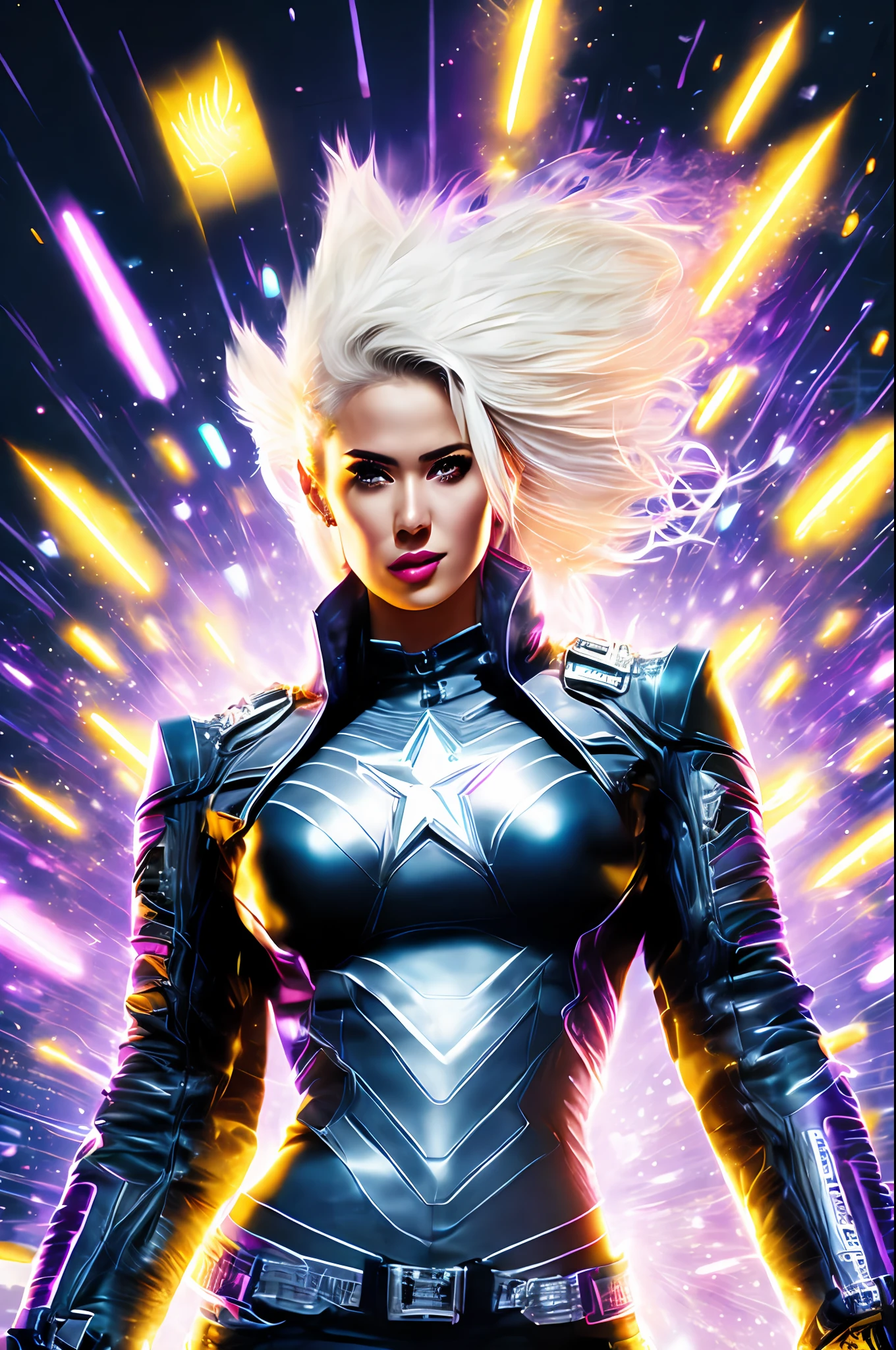 ((in the style of Jim Lee)) Render a full-body portrait of Marvel's Dazzler striking a fierce pose under a neon-lit city backdrop, with fireworks exploding overhead. Long blonde hair, she's invoking her powers, so she has a trail of bright light behind her, illuminating her white punk rock outfit. Be sure to capture your unique sound waves emanating from your hands and include some vinyl records scattered around you to reference your music-themed powers.