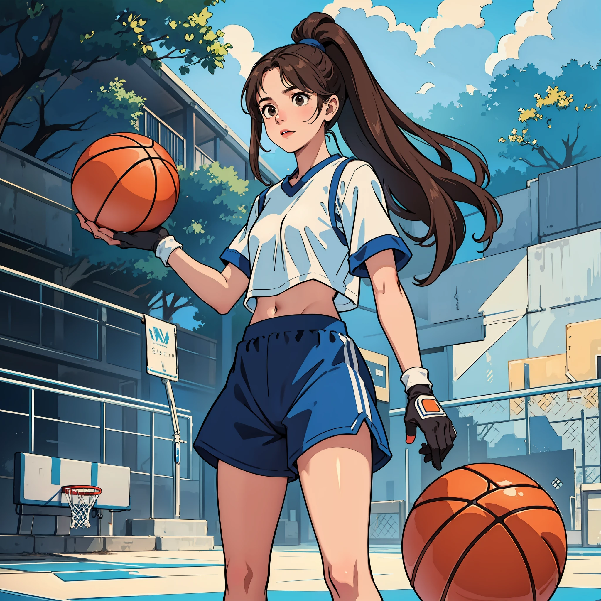 prompt:outdoors,Basketball Court,(masterpiece), top quality, best quality, official art,((masterpiece)), best quality,photorealistic,,fashionable,girl,full body,solo,Playing basketball, gloves, headband,Blue sweatpants, ponytail,pants,black gloves, long hair, Red basketball shirt,brown hair, midriff, jewelry, white socks, white footwear, rope,