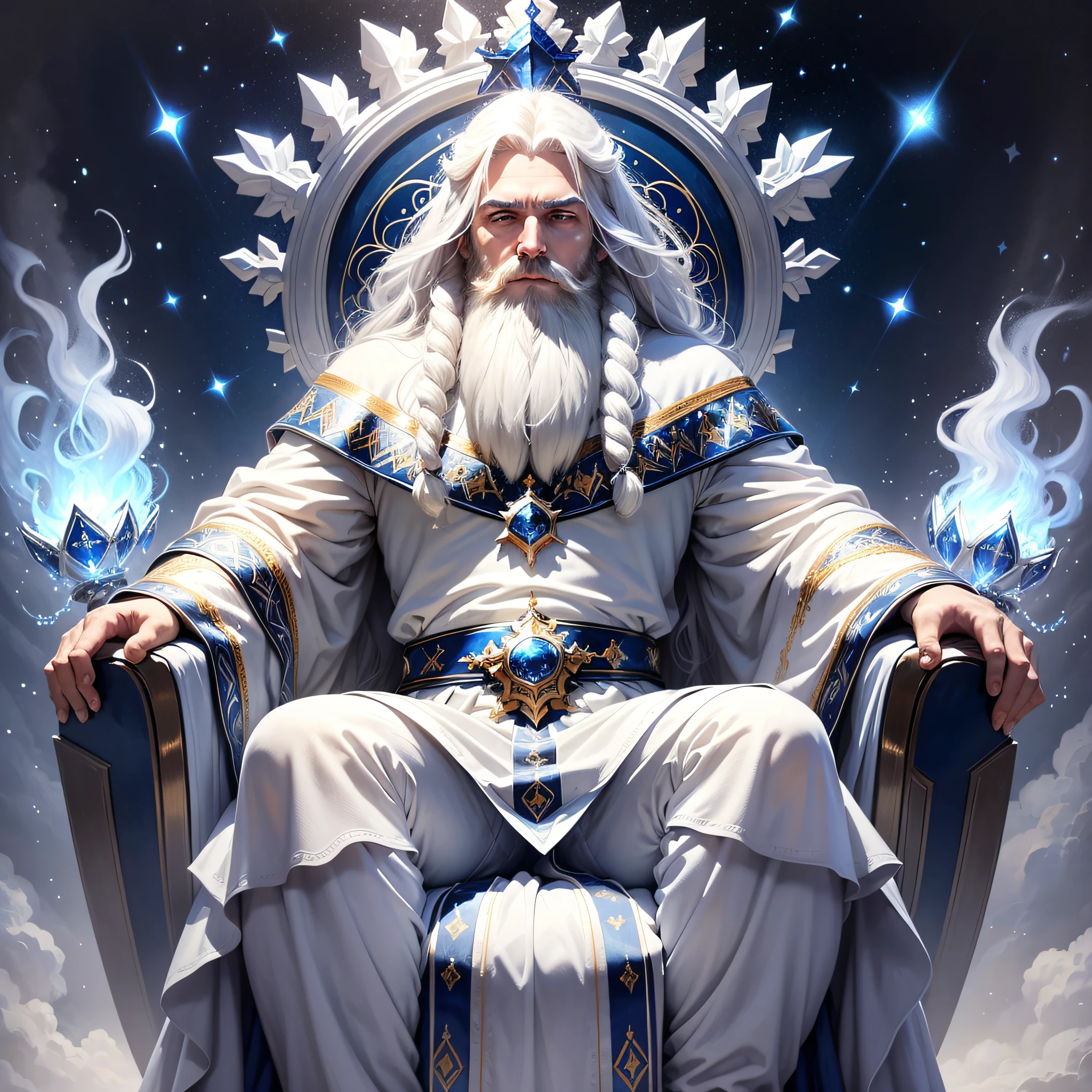 God, majestic, strong, imposing, white hair and beard, white clothes, intense shine, sits on the blue throne, similar to sapphire, appearing regal and majestic.. Magnificent and divine blue throne at the center of the universe. Wondrous scene, we see an extraordinary blue, similar to sapphire, surrounding.