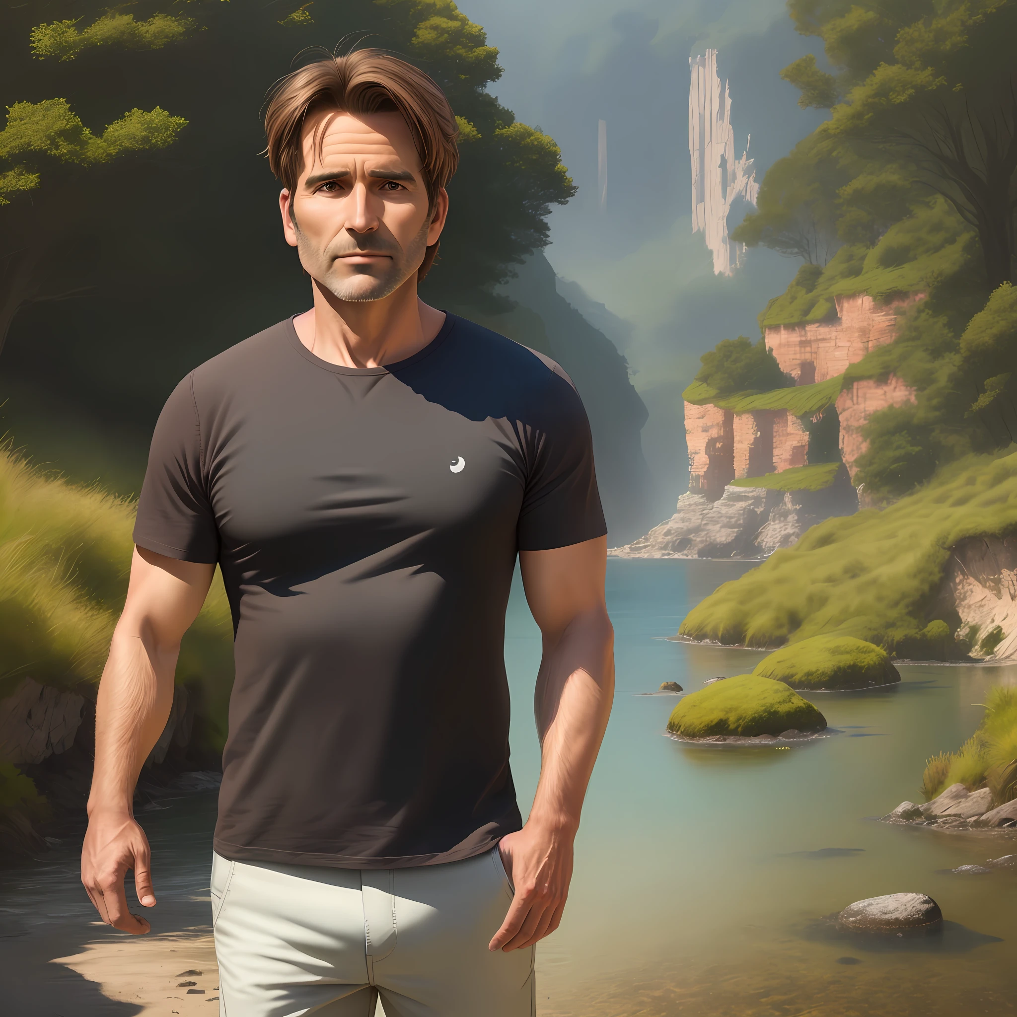 A man, brown hair, short, 45 years old in beautiful landscape, realistic shape