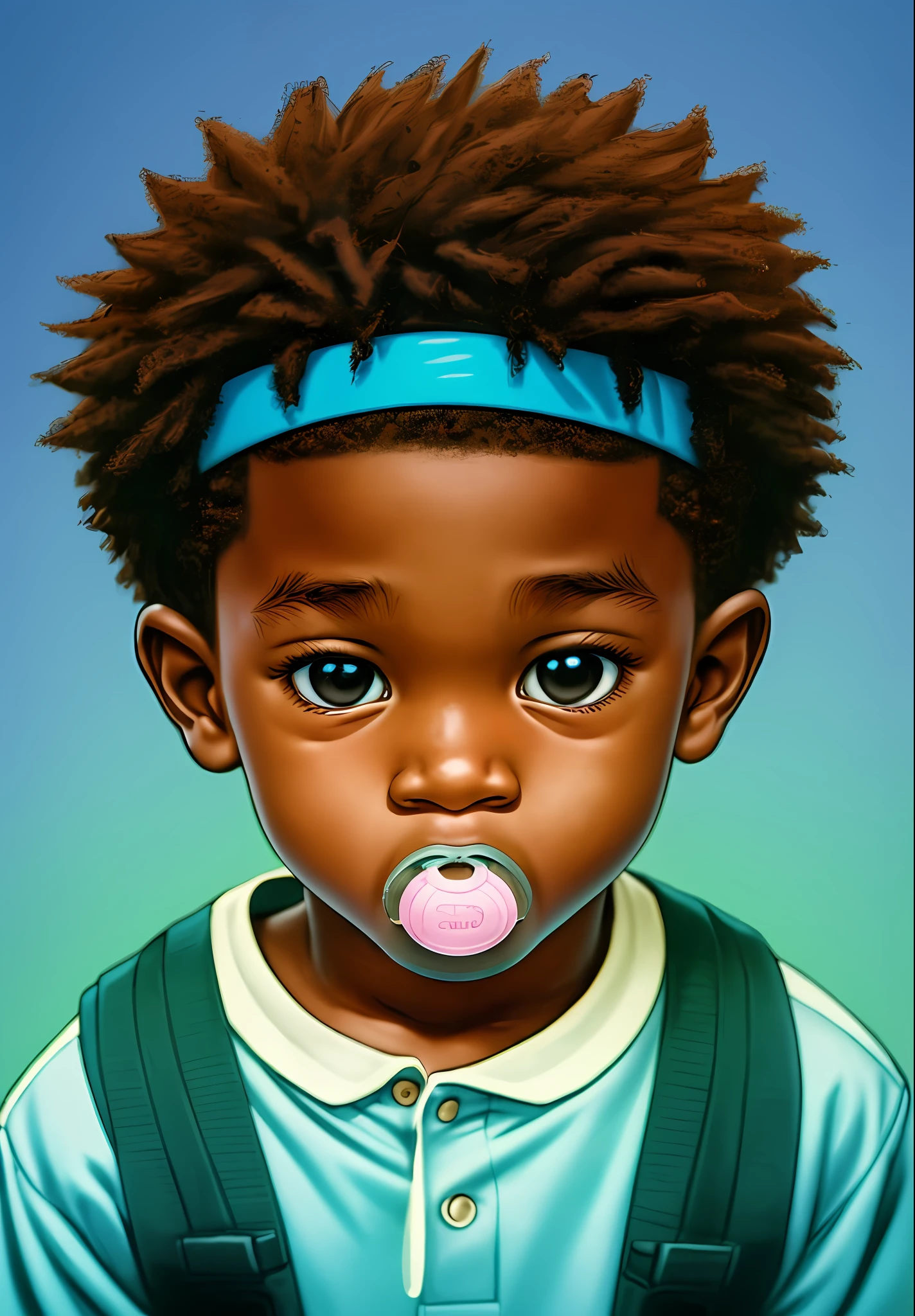 a cartoon drawing of a young boy with a pacifier, in the style of rap aesthetics, navy and cyan, kodak elite chrome extra color, oshare kei, dau al set, zuckerpunk, authentic expressions --auto --s2