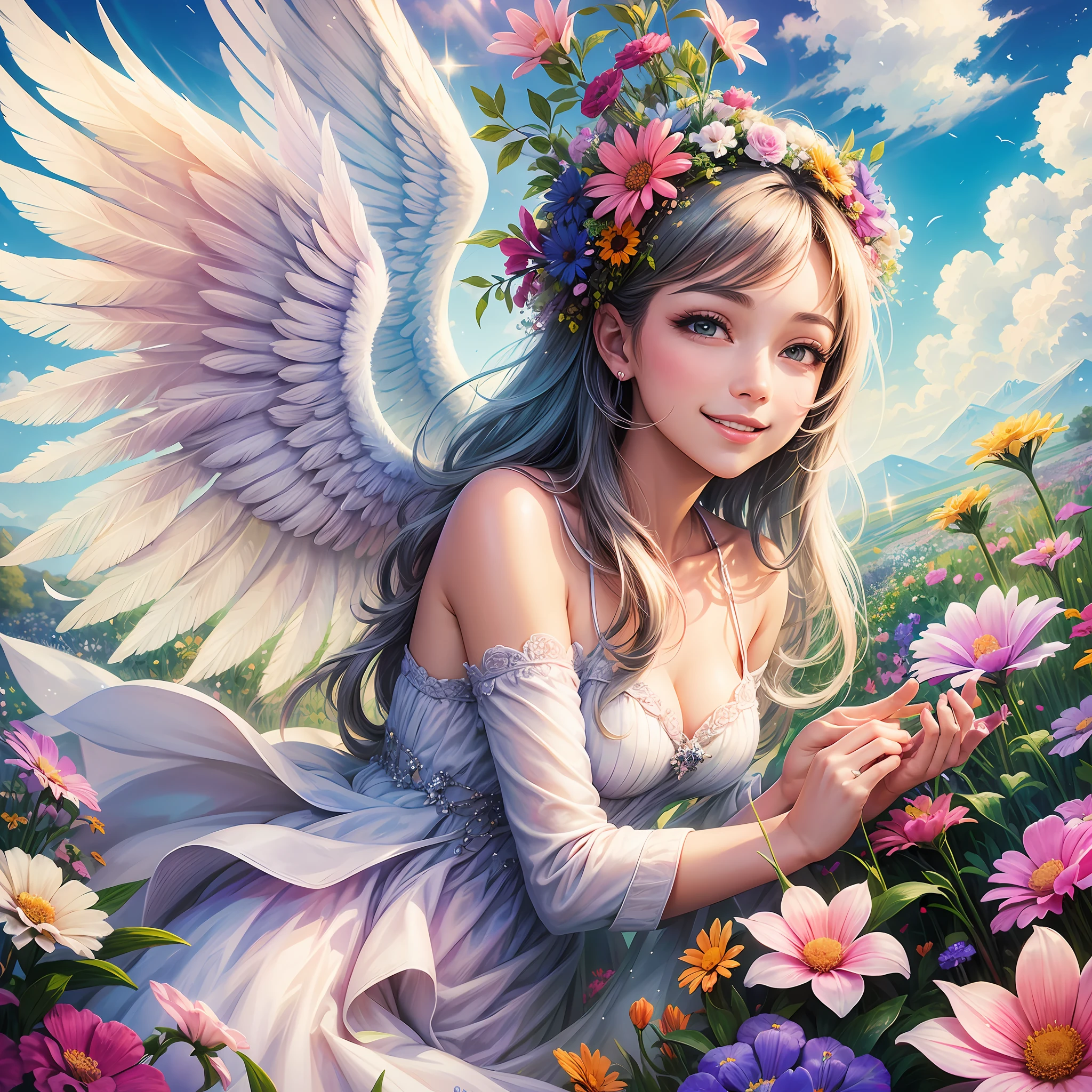 angel wings, heaven, light, brilliance, happiness, bright smile, glitter, flowers, flower garden, clouds --auto --s2